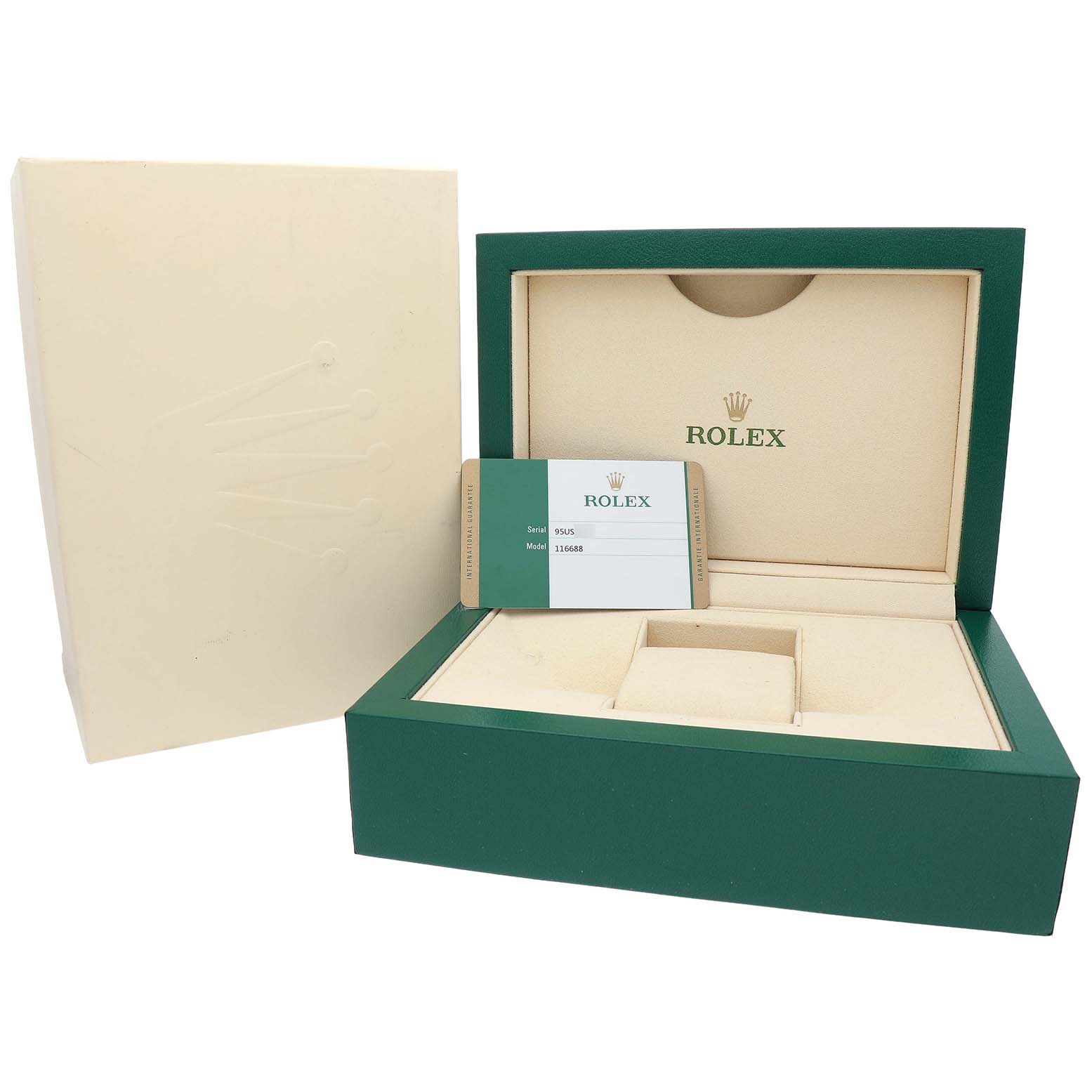 The image shows the open packaging and card for the Rolex Yacht-Master 116688M Men's Yellow Gold White Dial, displaying the interior and identification card.