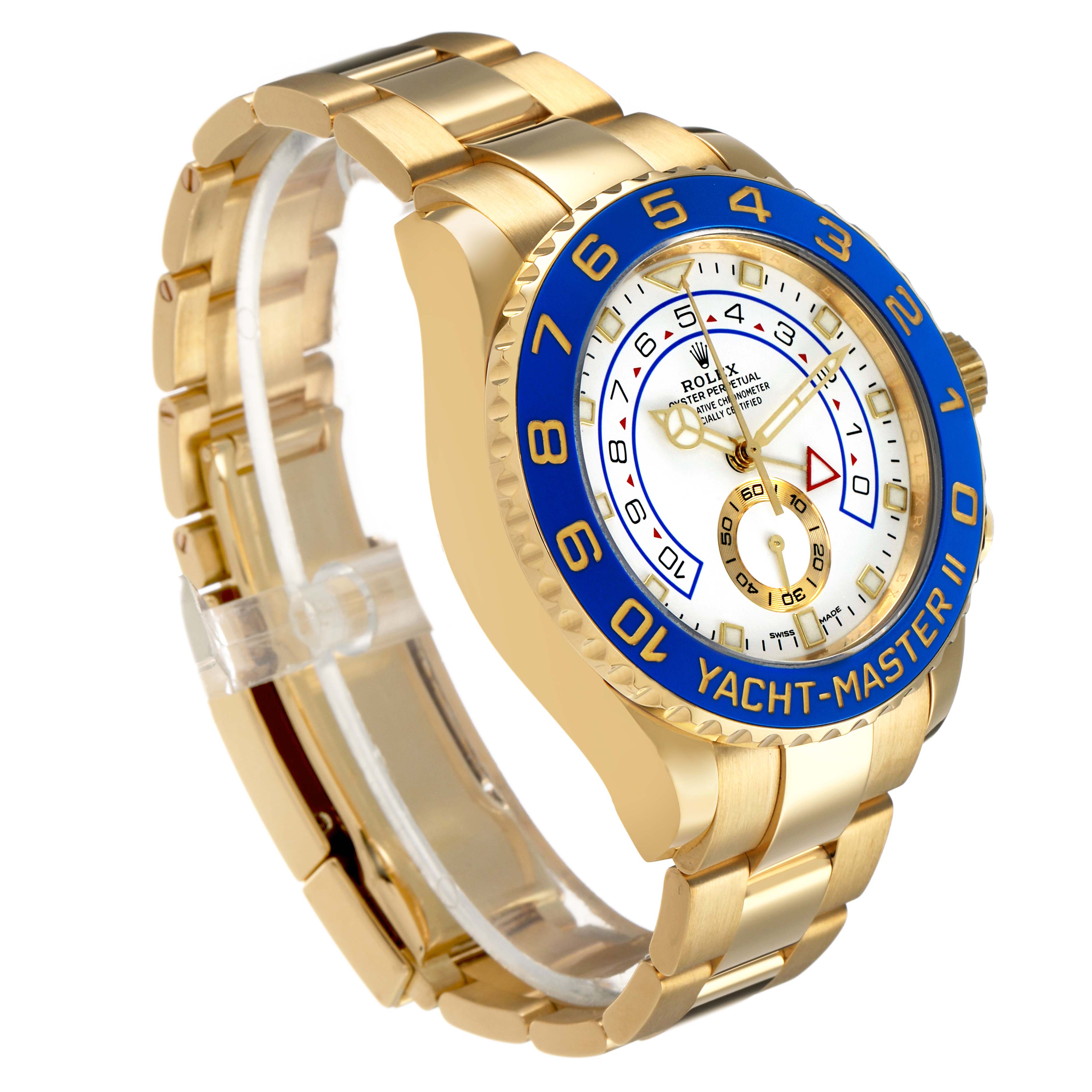 The Rolex Yacht-Master 116688M Men's Yellow Gold White Dial watch is shown at a three-quarter angle, highlighting its face, bezel, and bracelet.