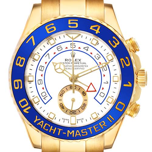 The Rolex Yacht-Master 116688M Men's Yellow Gold White Dial watch is shown from a front angle, highlighting its face, bezel, and crown.