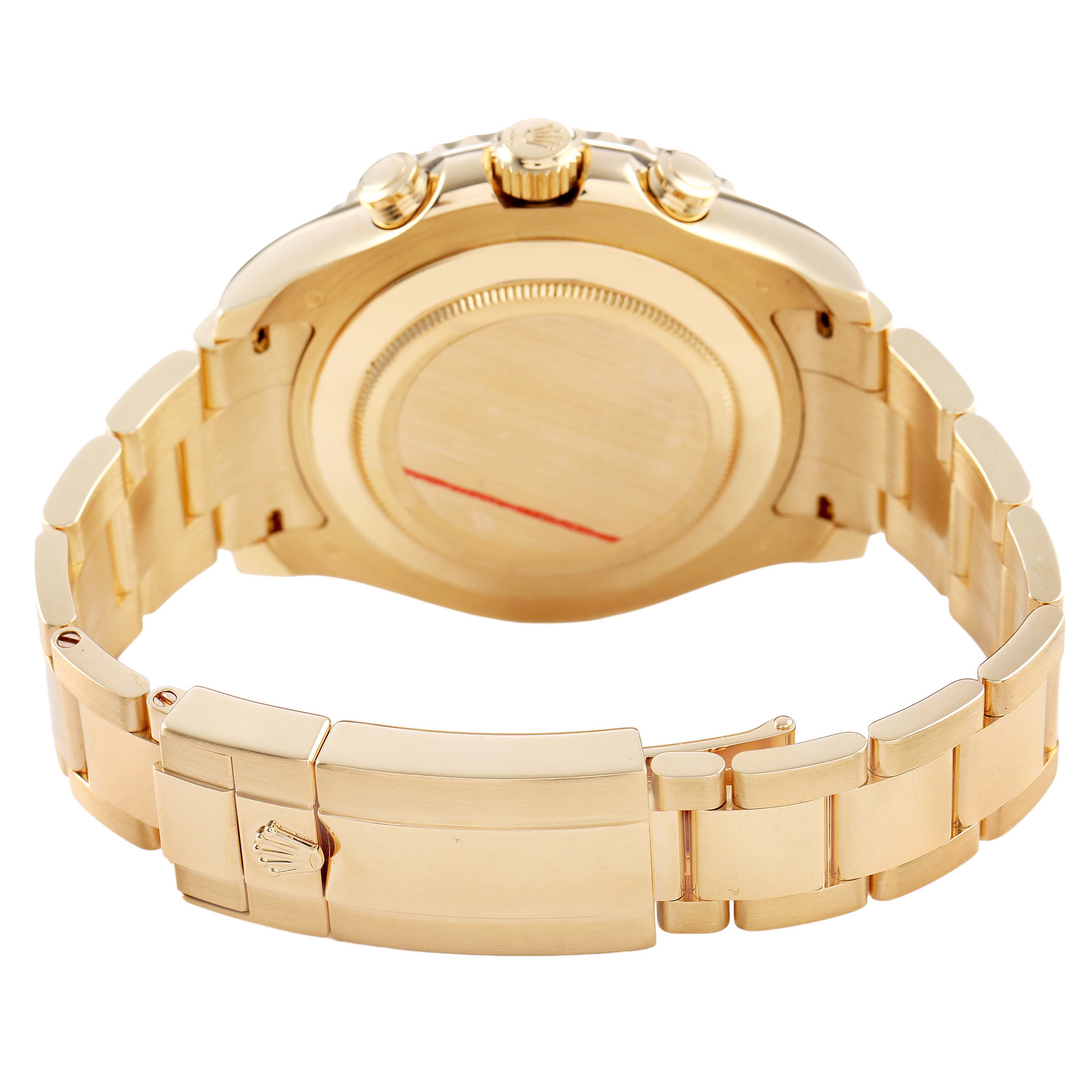 The Rolex Yacht-Master 116688M Men's Yellow Gold White Dial watch is shown from the back, highlighting the case, crown, push-buttons, and the bracelet clasp.