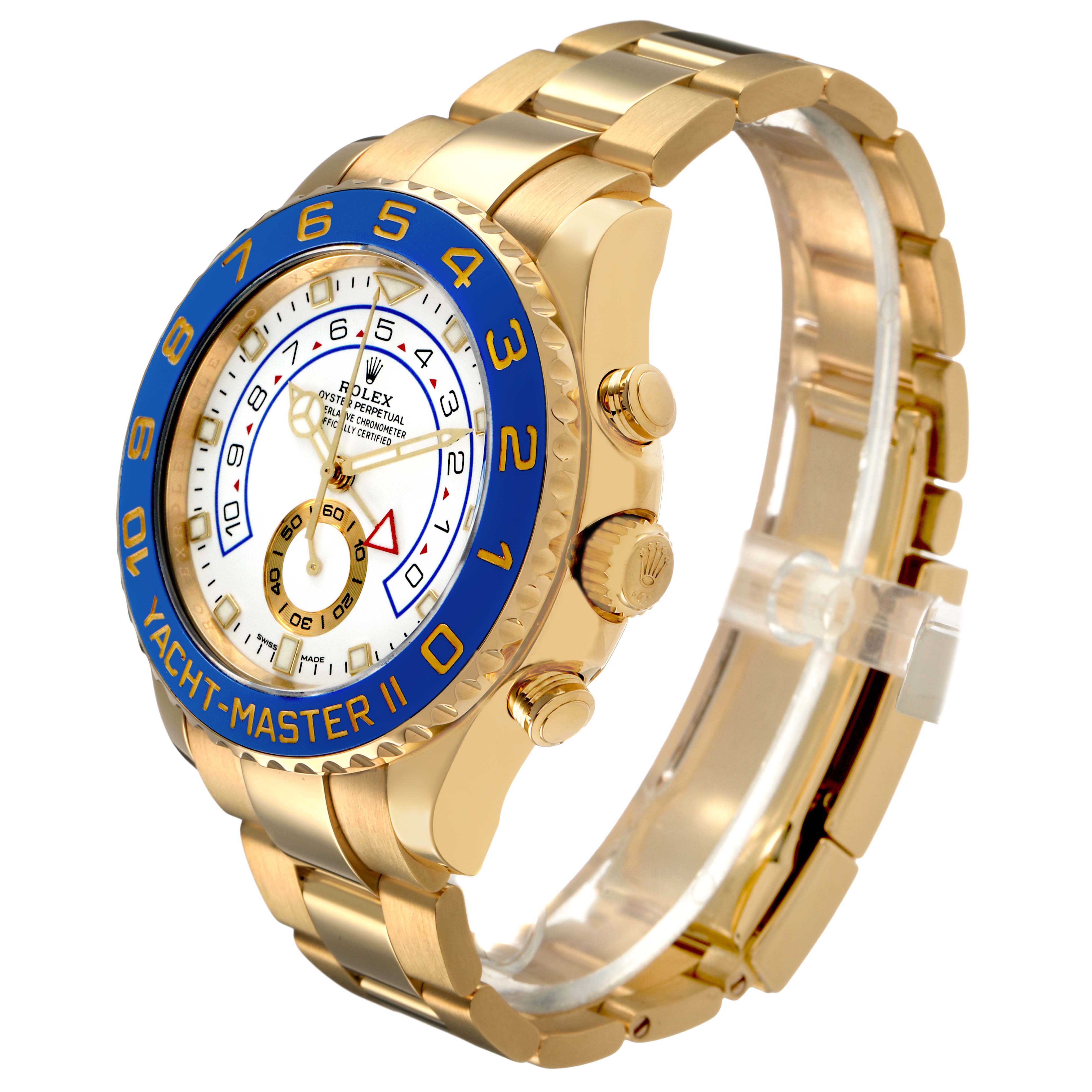 The Rolex Yacht-Master 116688M Men's Yellow Gold White Dial II is shown at a three-quarter angle, highlighting the bezel, crown, and bracelet.