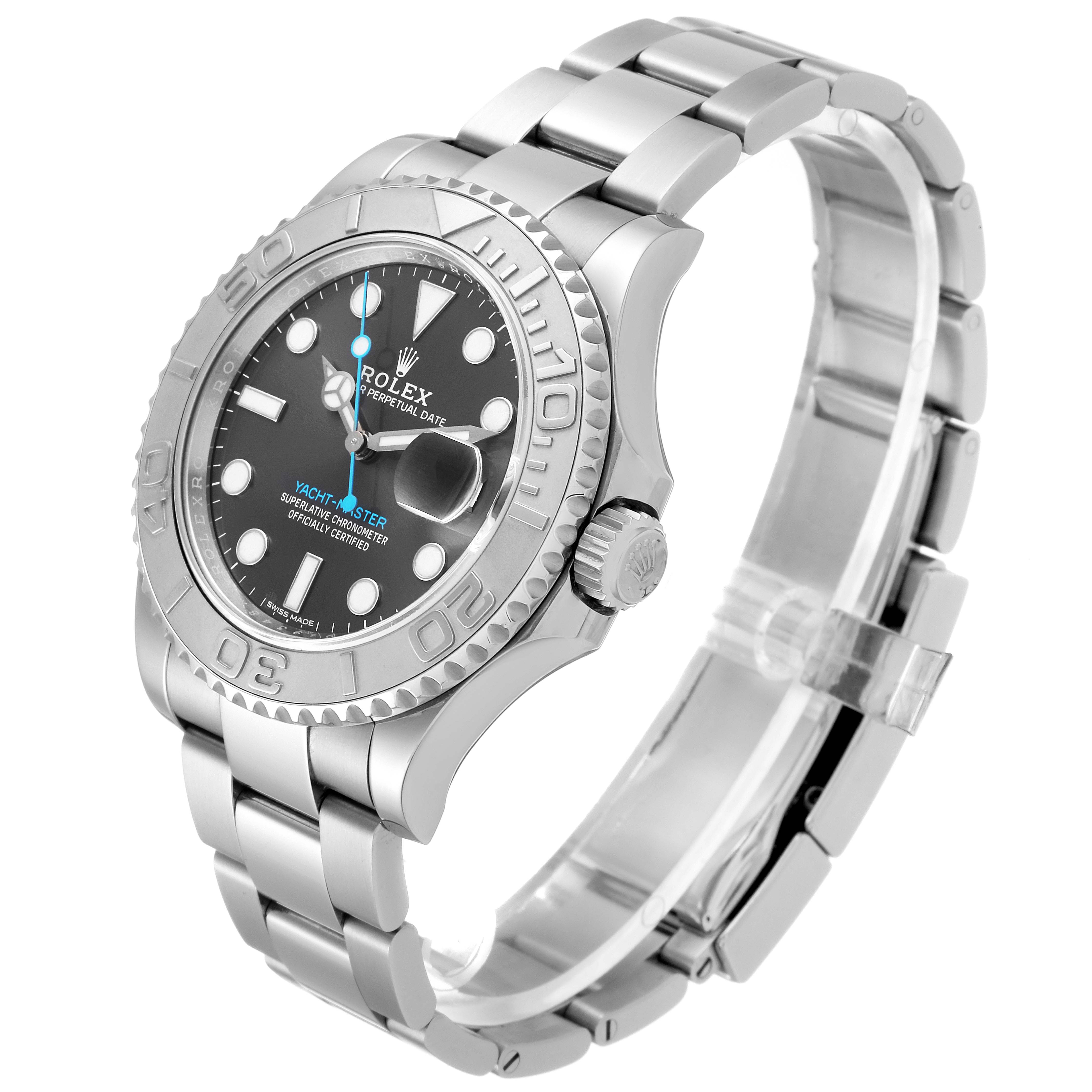 The image shows a side and front angle of a Rolex Yacht-Master 116622 Men
s Stainless Steel Grey Dial 116622 Men
s Stainless Steel Grey Dial watch, highlighting the dial, bezel, crown, and bracelet.