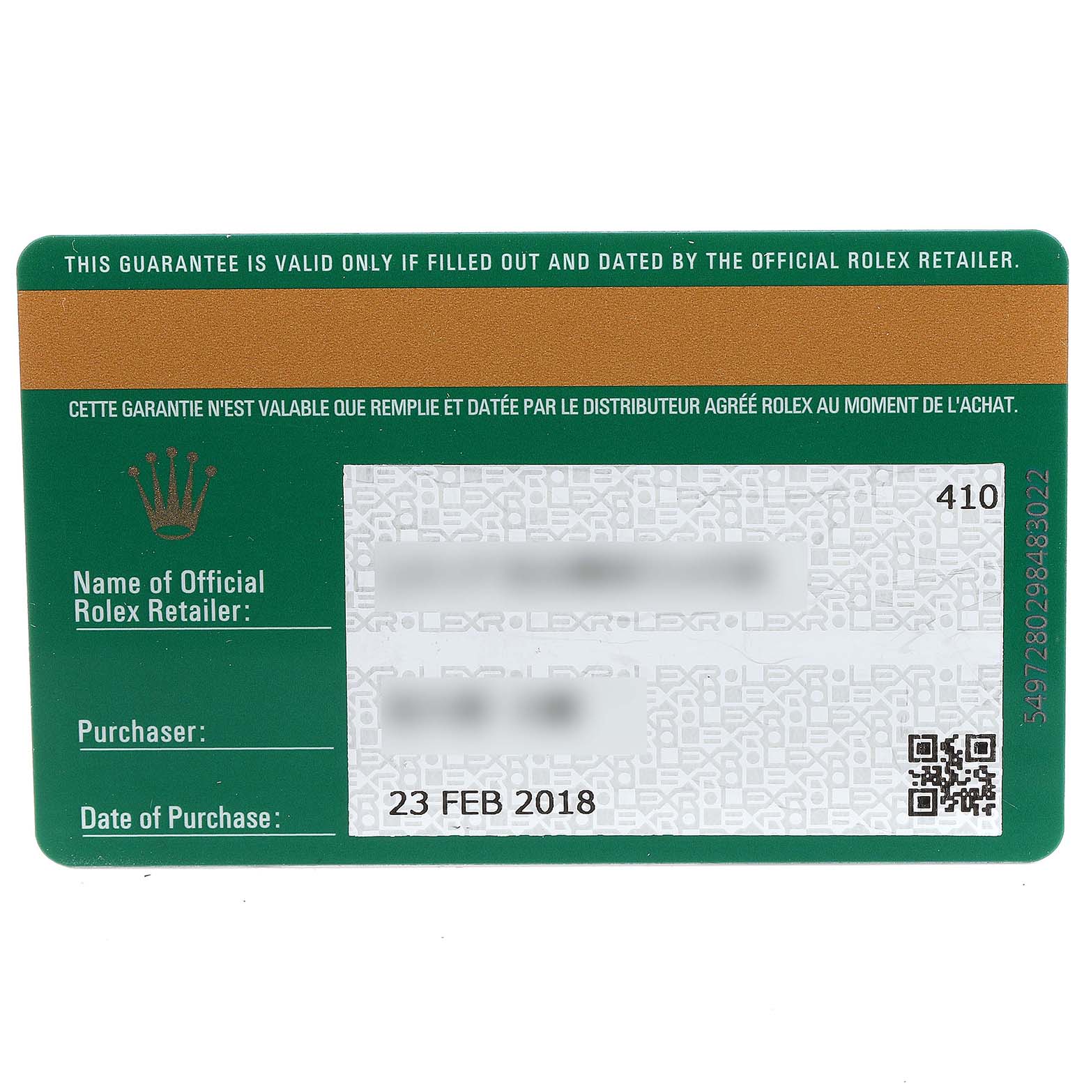 This image shows the warranty card for the Rolex Yacht-Master 116622 Men
s Stainless Steel Grey Dial 116622 Men
s Stainless Steel Grey Dial model with purchase details and retailer information.