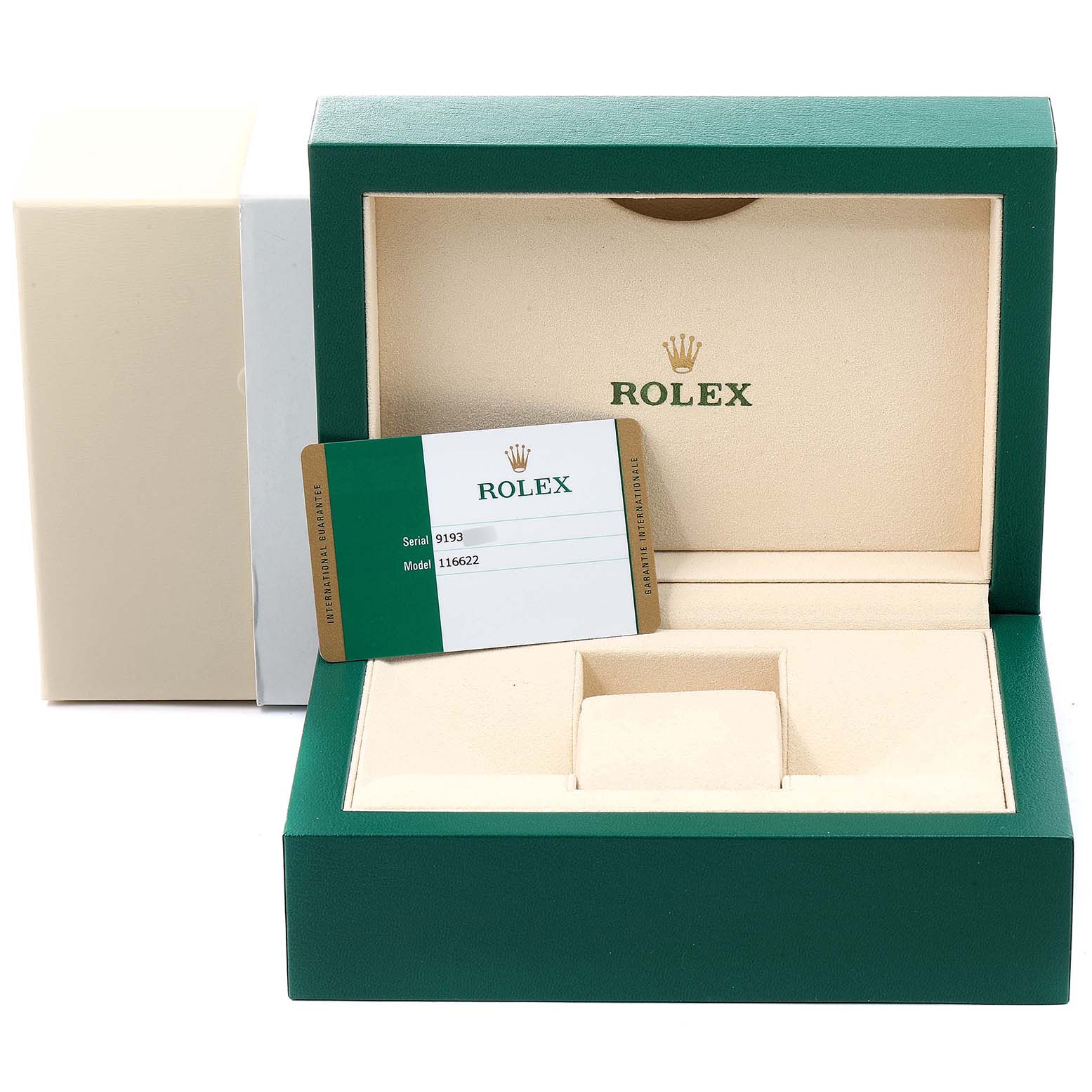 The image shows a Rolex Yacht-Master 116622 Men
s Stainless Steel Grey Dial 116622 Men
s Stainless Steel Grey Dial watch box, opened, along with its Best Quality
ity card.