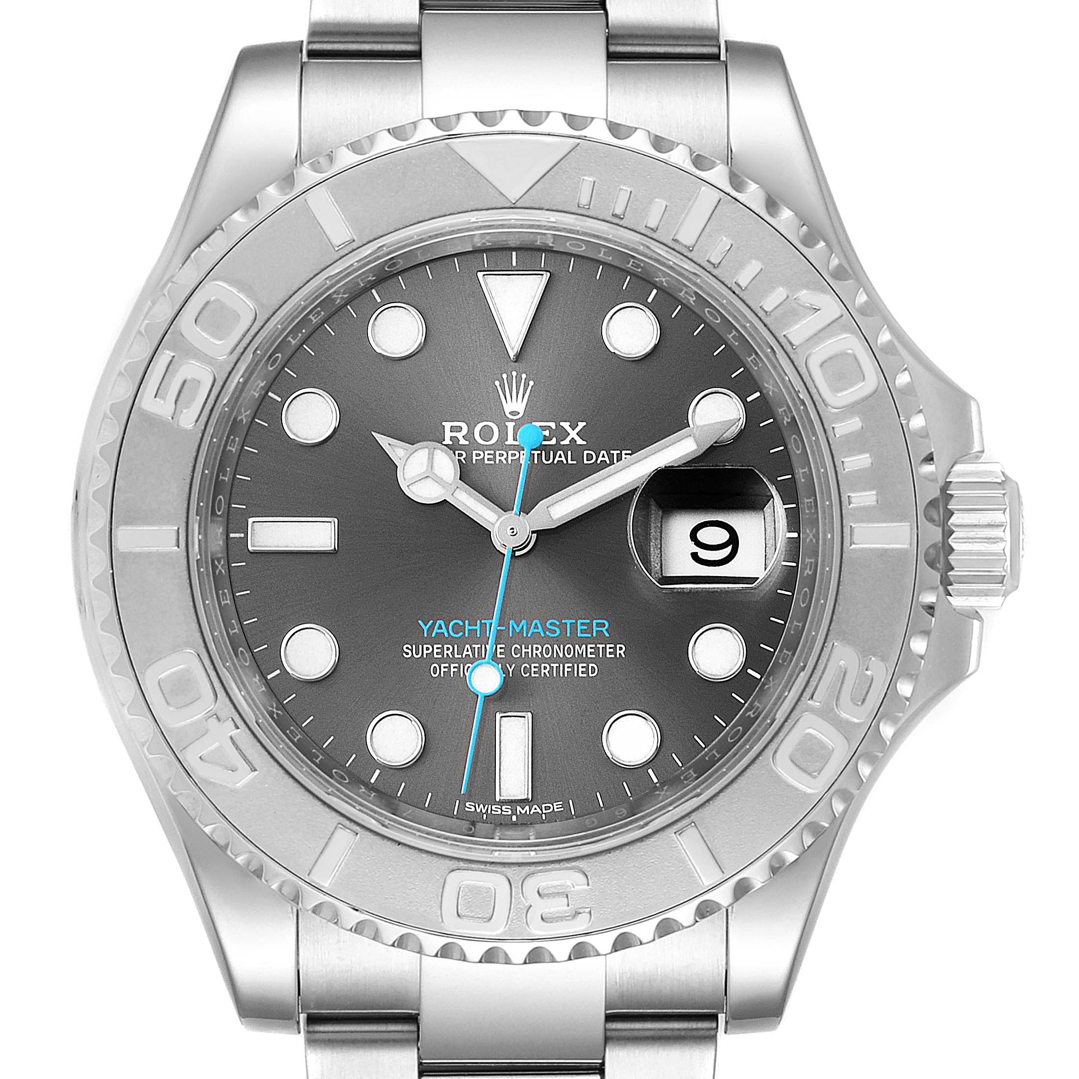 The image shows a frontal view of a Rolex Yacht-Master 116622 Men
s Stainless Steel Grey Dial 116622 Men
s Stainless Steel Grey Dial watch, highlighting the dial, bezel, and part of the bracelet.