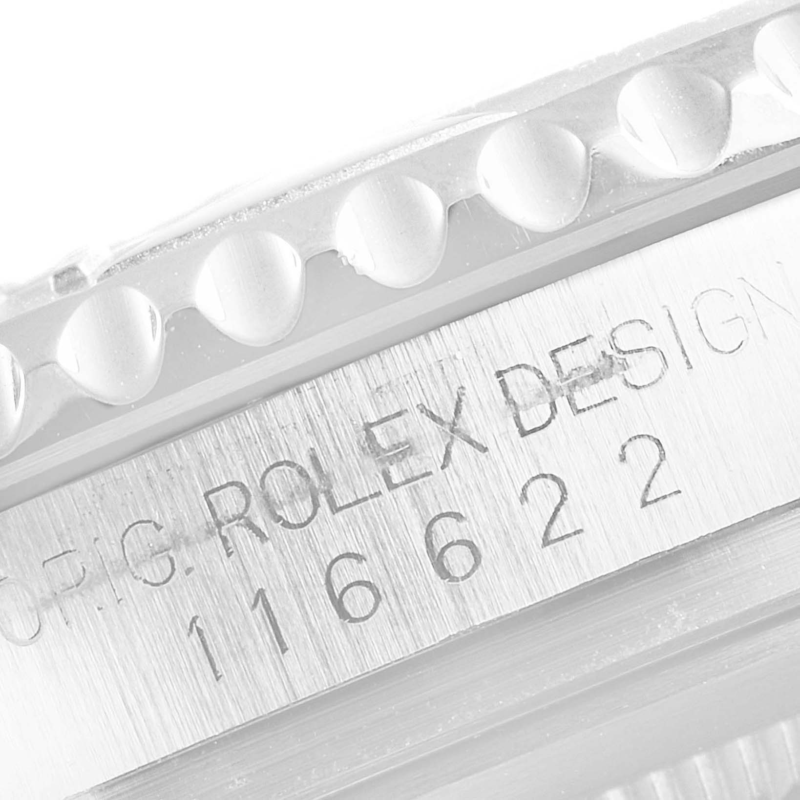 This image shows a close-up angle of the bezel and engraved model details of the Rolex Yacht-Master 116622 Men
s Stainless Steel Grey Dial 116622 Men
s Stainless Steel Grey Dial watch.