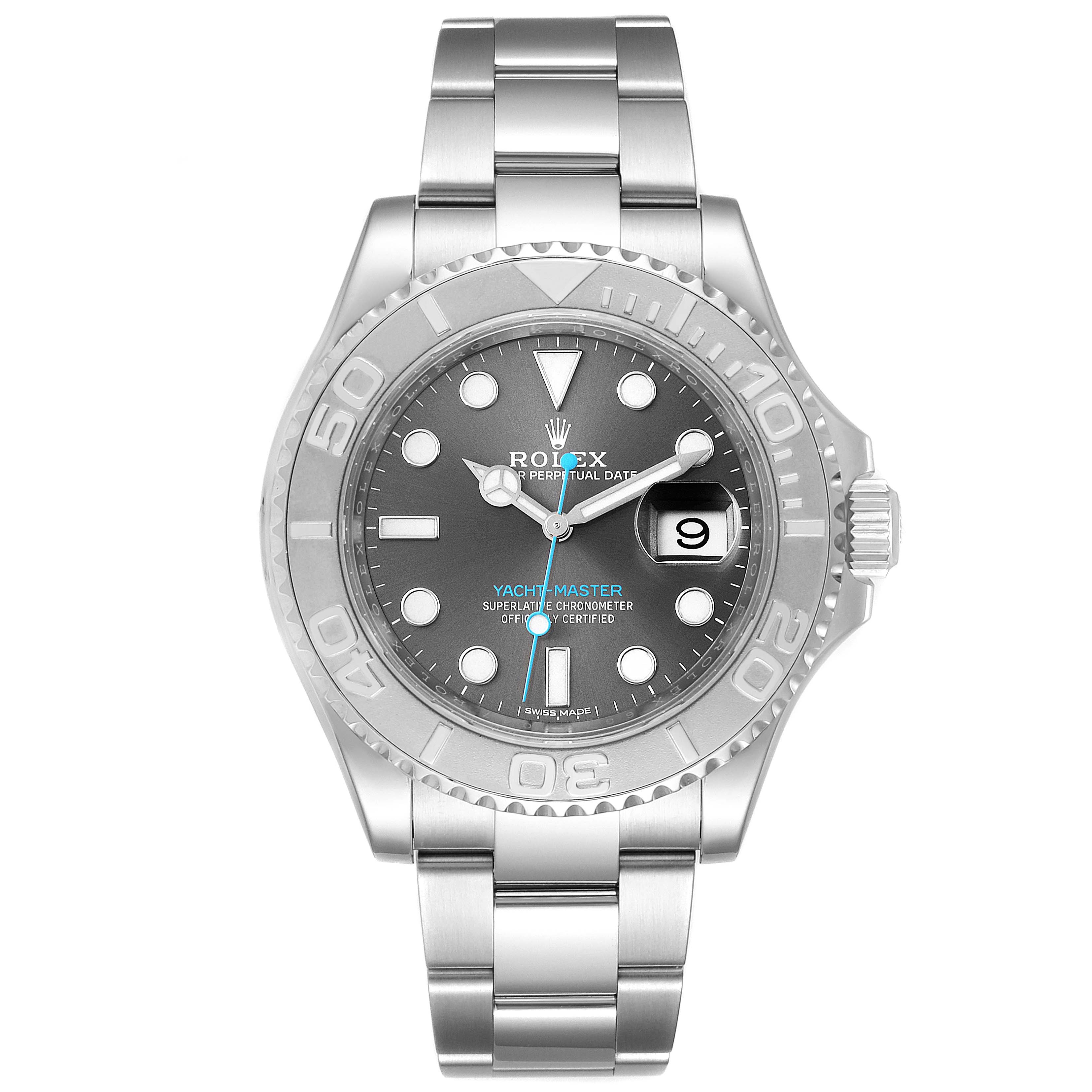 This is a front-view image of a Rolex Yacht-Master 116622 Men
s Stainless Steel Grey Dial 116622 Men
s Stainless Steel Grey Dial watch, showing the face, bezel, and bracelet.
