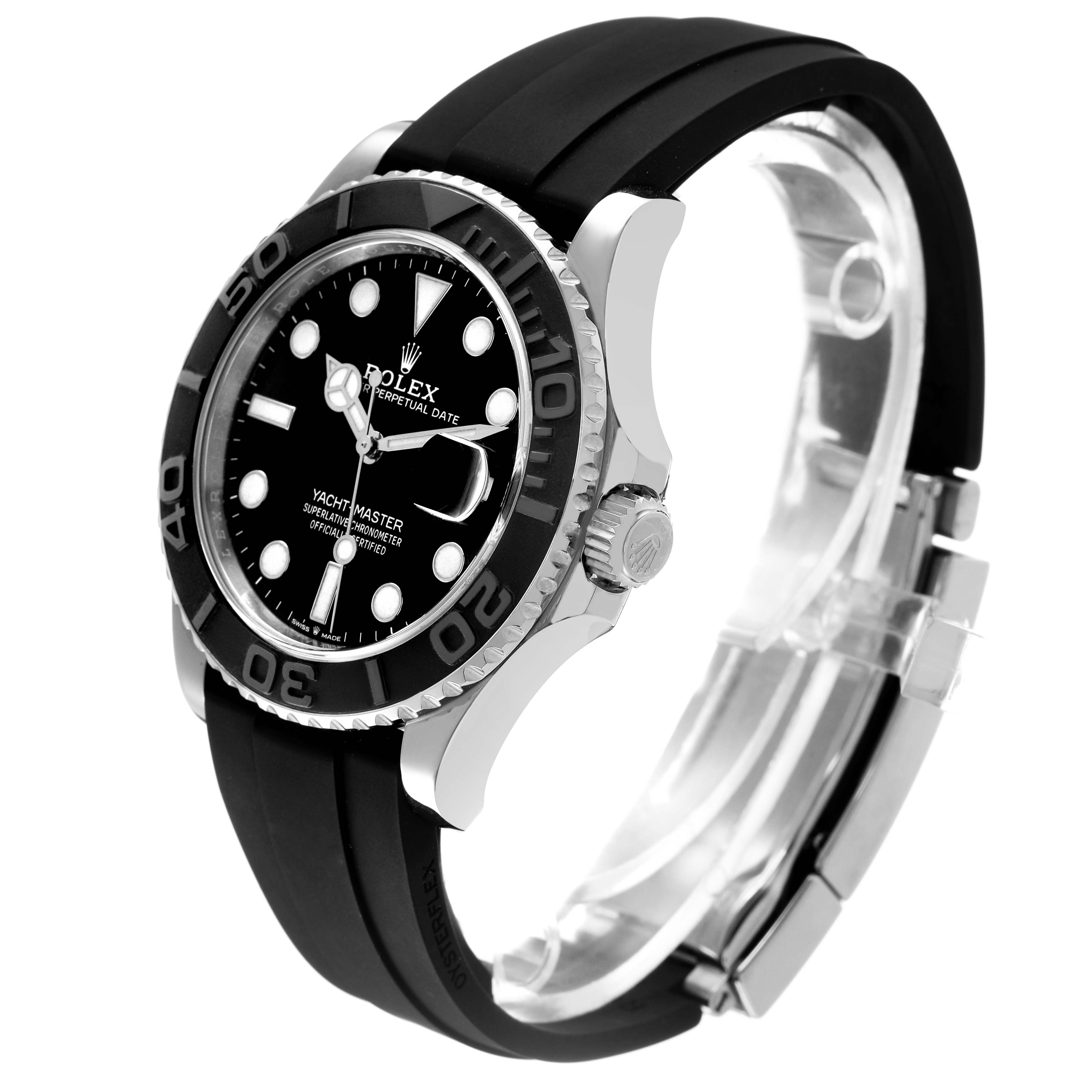 The Rolex Yacht-Master 226659 Men's White Gold Black Dial watch is shown at a three-quarter angle, highlighting the bezel, dial, case, and rubber strap.