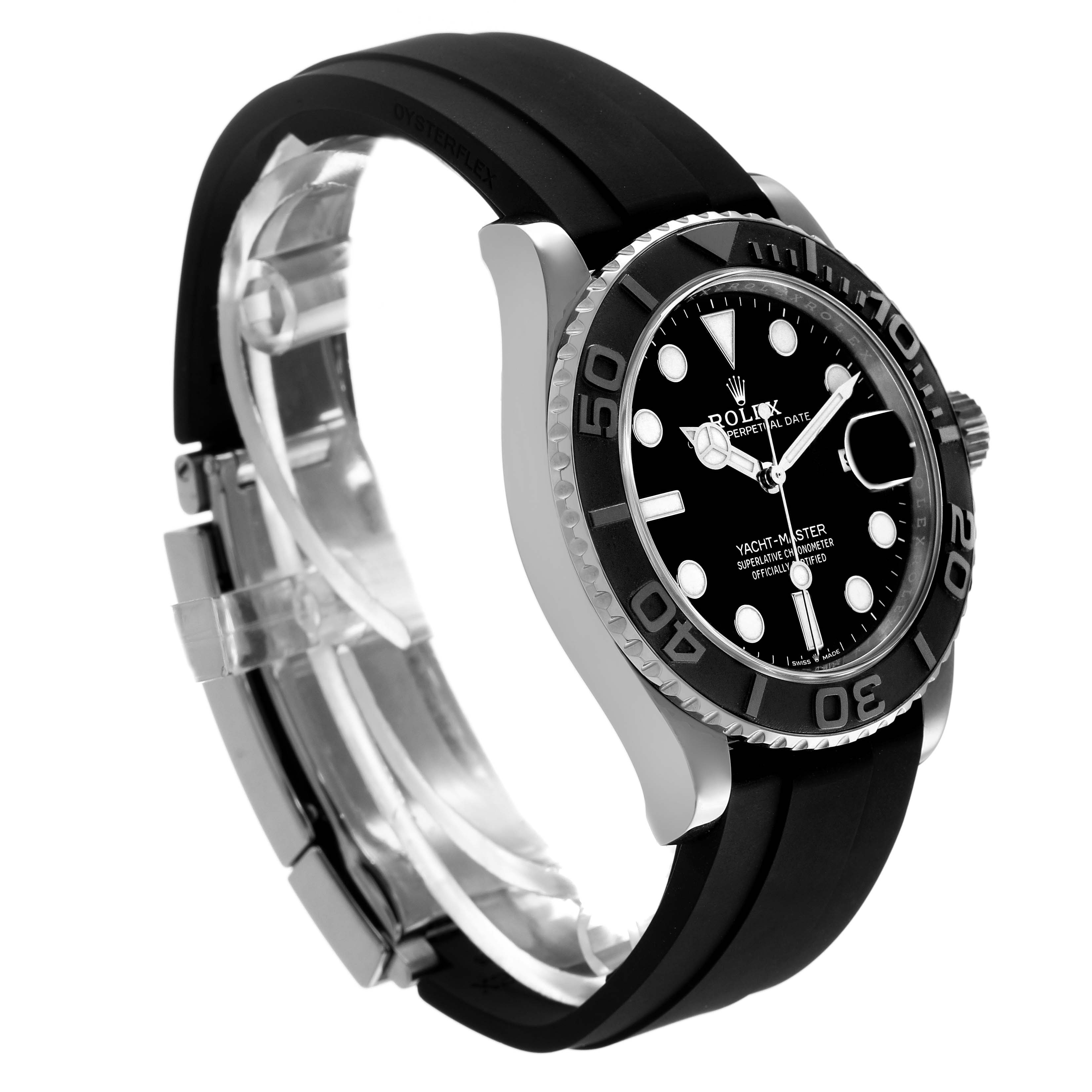 The Rolex Yacht-Master 226659 Men's White Gold Black Dial watch is shown at a slight angle, highlighting the bezel, face, and rubber strap.