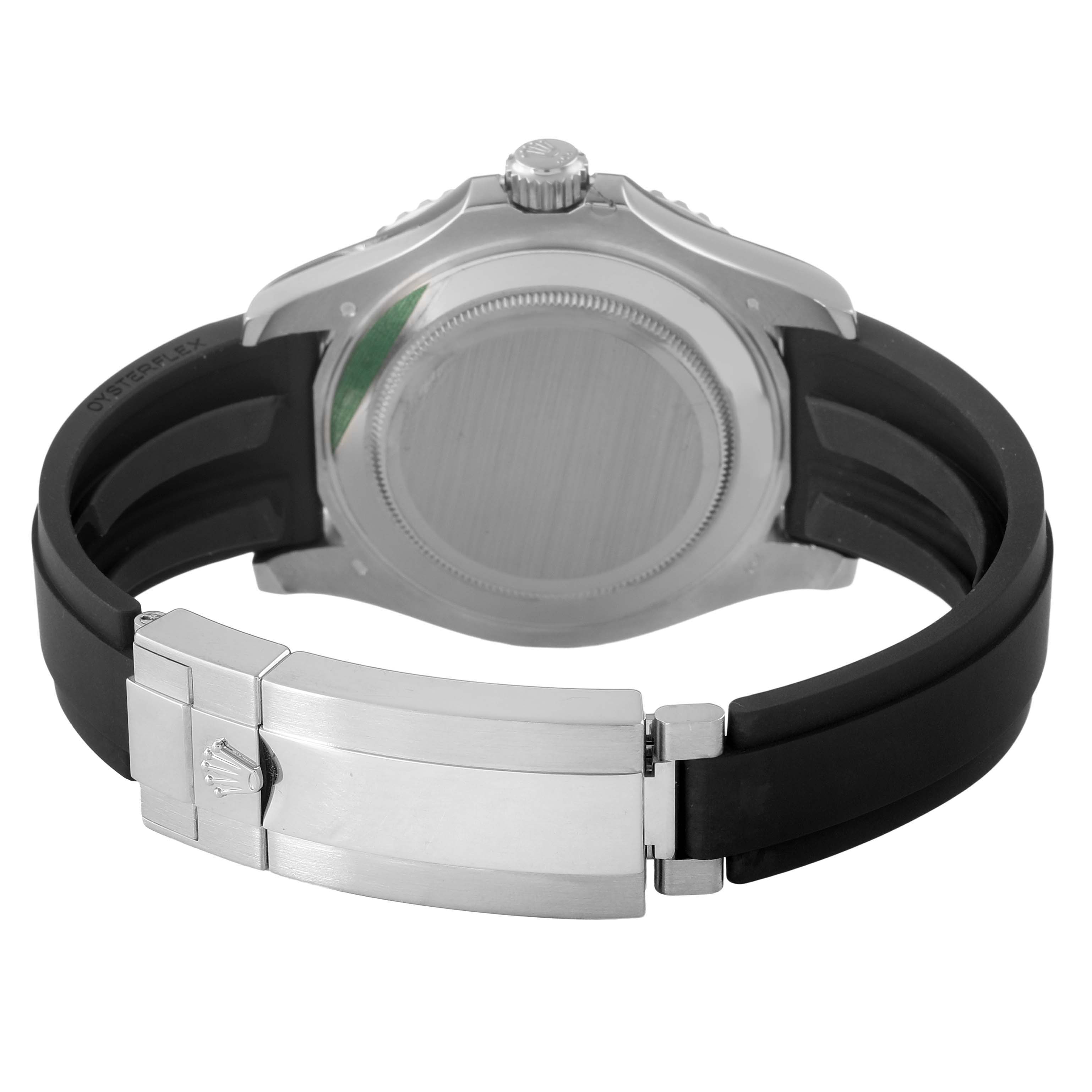 The image shows the back of a Rolex Yacht-Master 226659 Men's White Gold Black Dial watch with a focus on the clasp and rubber strap.
