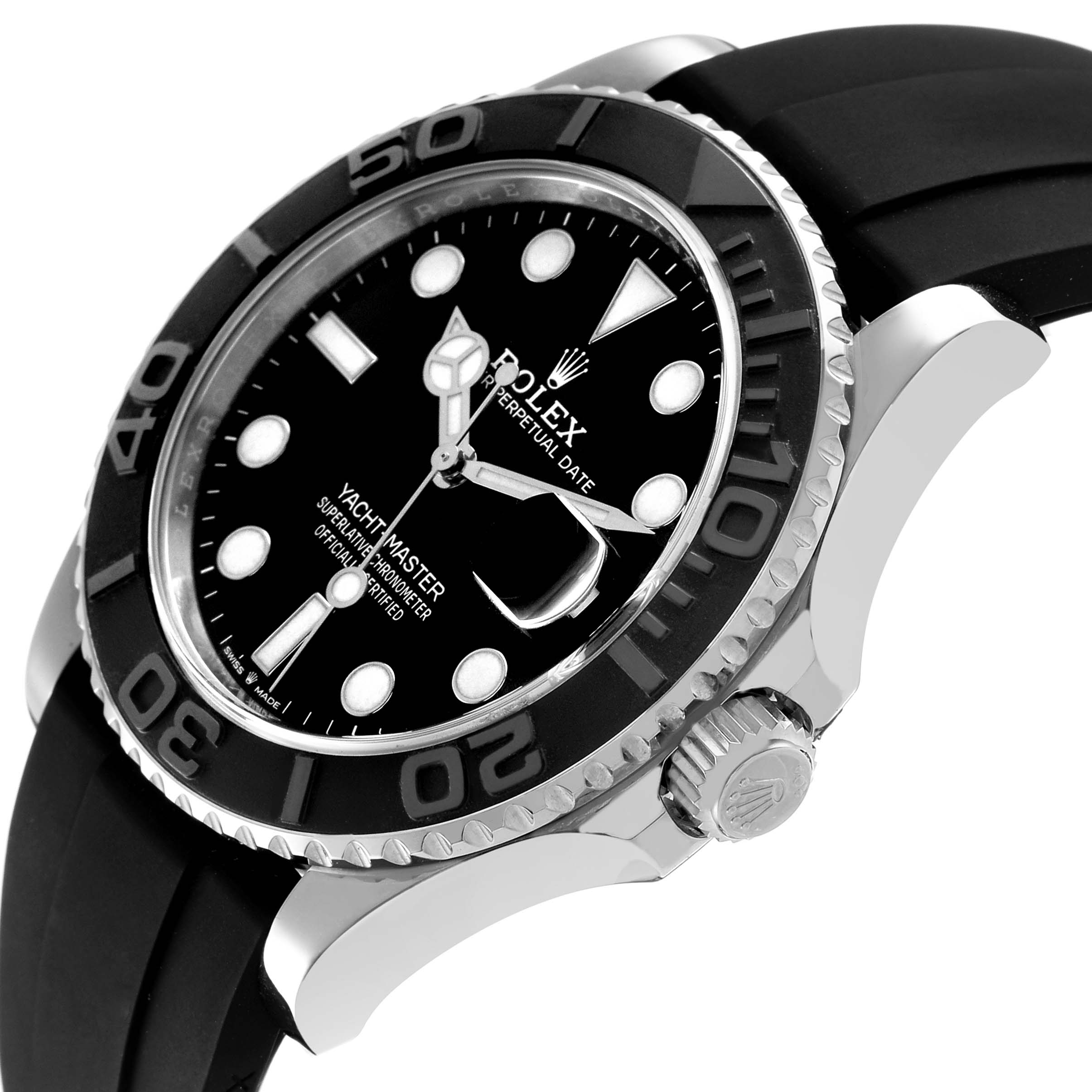 The watch is shown at a three-quarter angle, highlighting the Rolex Yacht-Master 226659 Men's White Gold Black Dial dial, bezel, case, and crown.