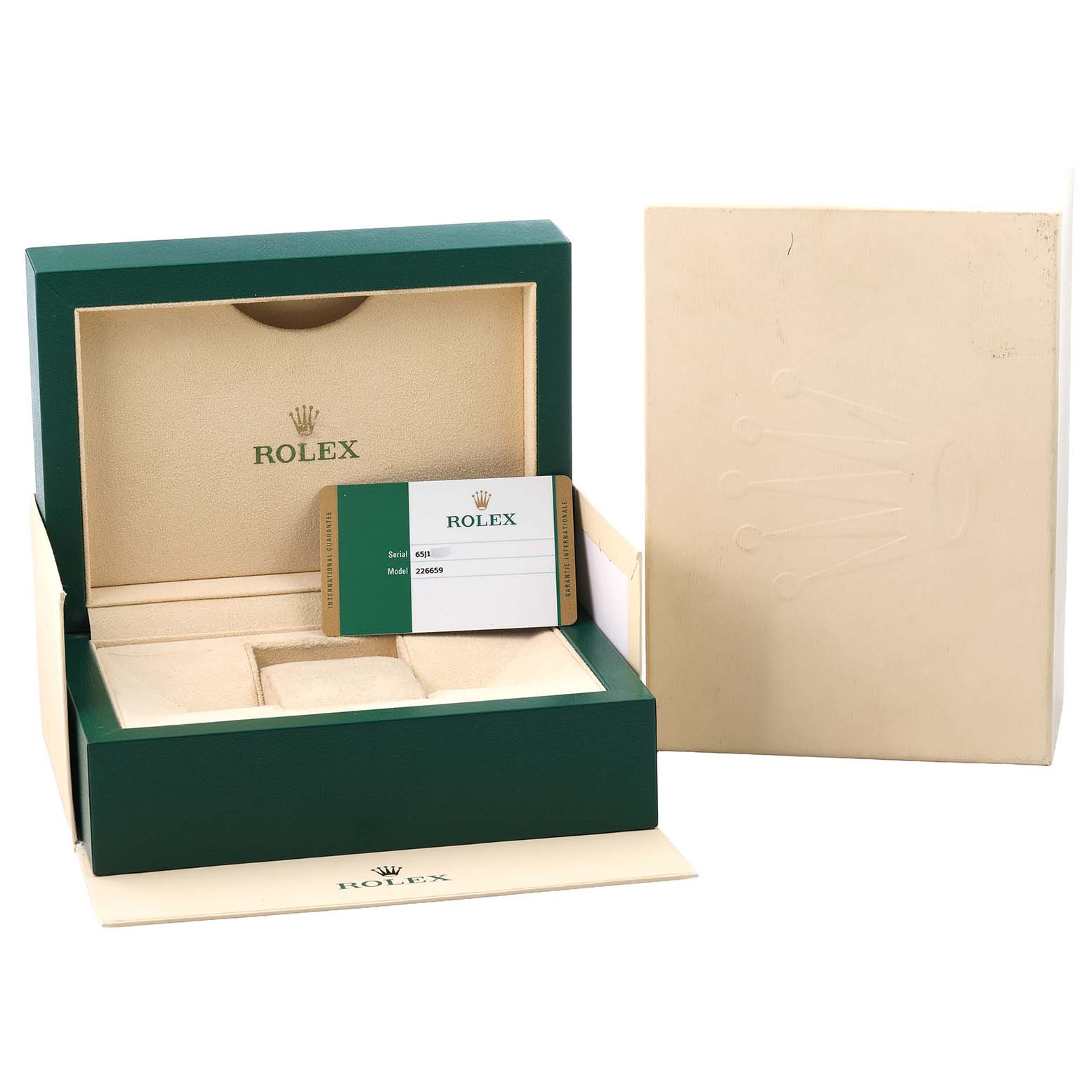 The image shows the open presentation box and authenticity card for the Rolex Yacht-Master 226659 Men's White Gold Black Dial watch.