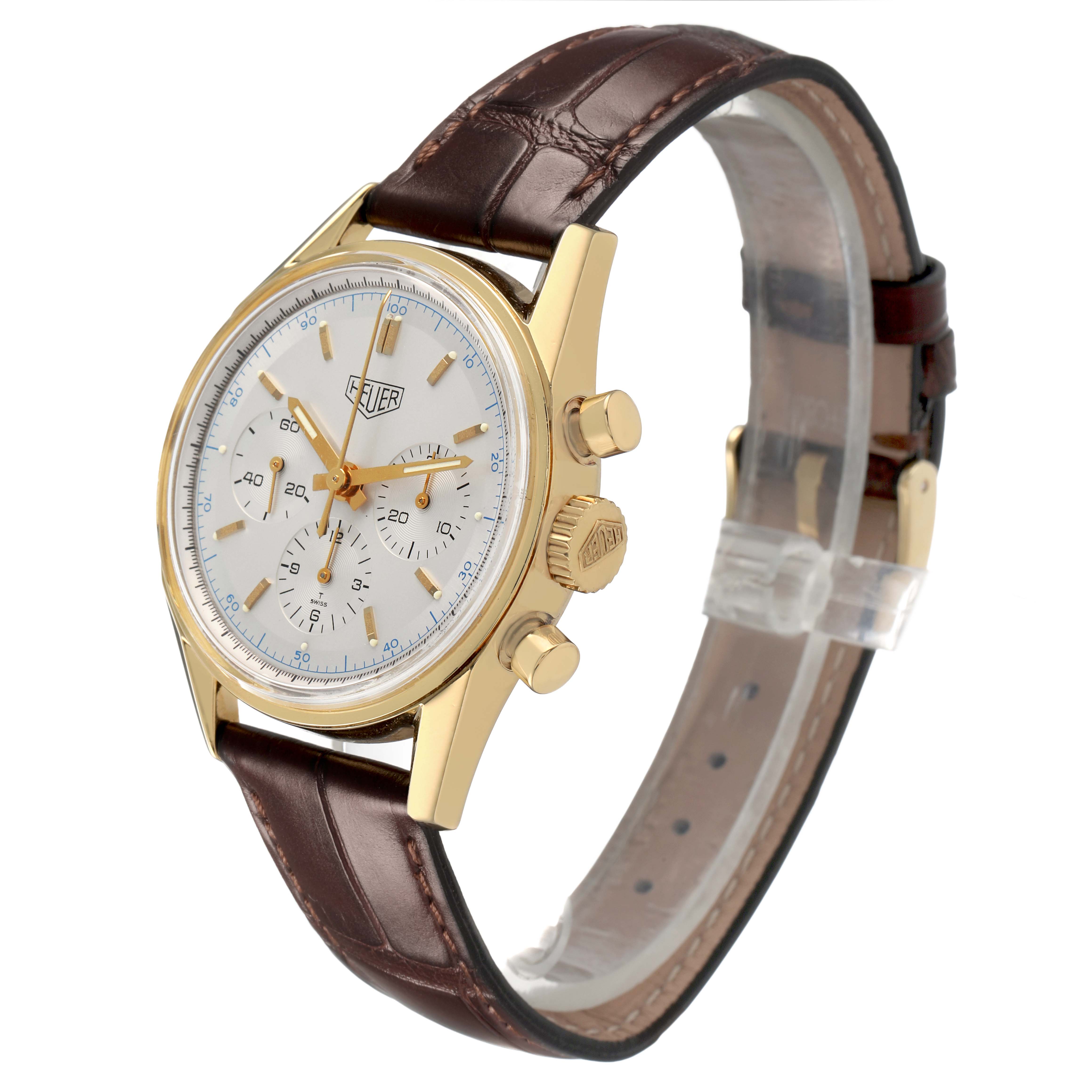 The Tag Heuer Carrera CS3140 Men's Yellow Gold Silver Dial watch is shown from a three-quarter angle highlighting its golden case, white dial, and brown leather strap.
