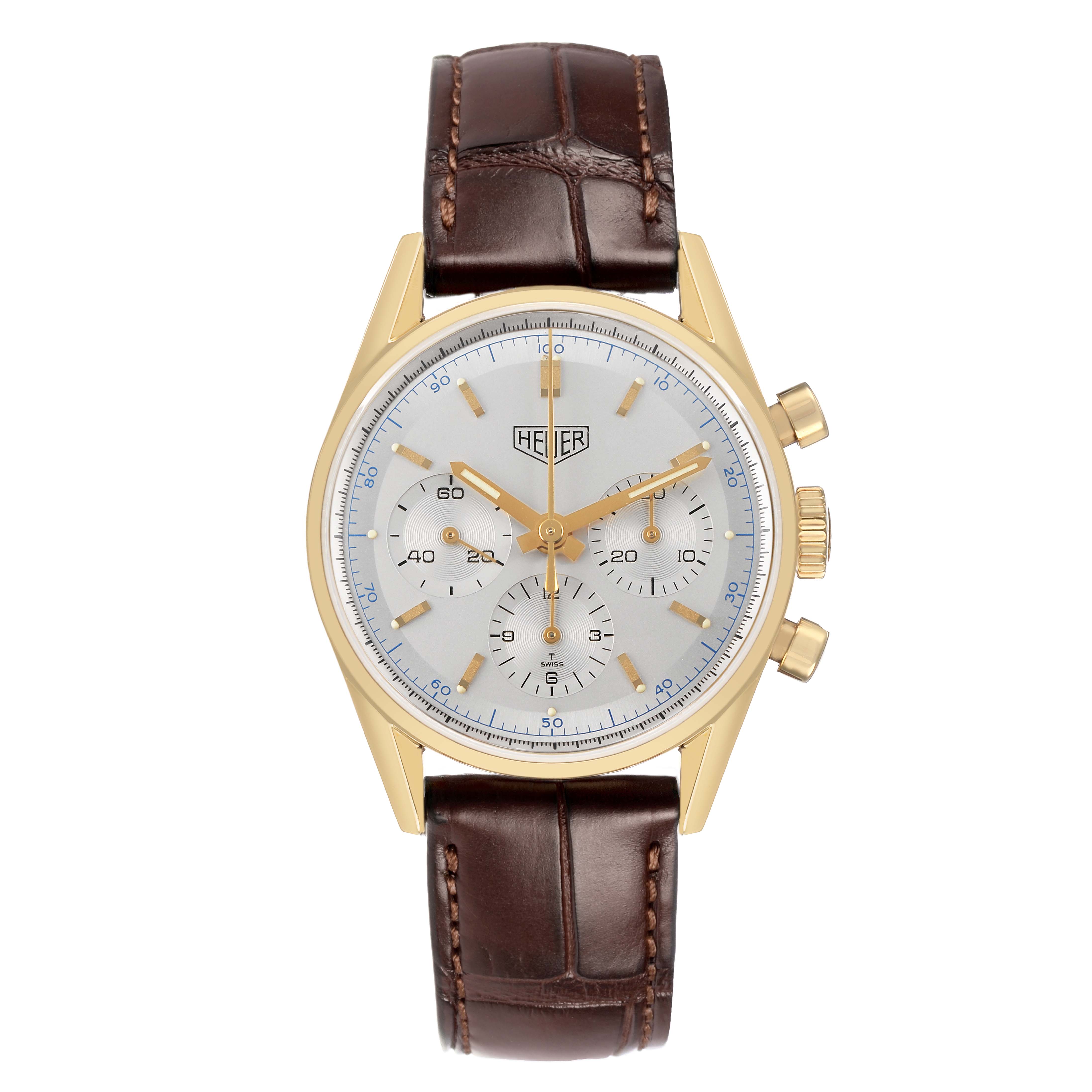 The Tag Heuer Carrera CS3140 Men's Yellow Gold Silver Dial watch is shown from a top-down angle, highlighting its dial, subdials, and leather strap.