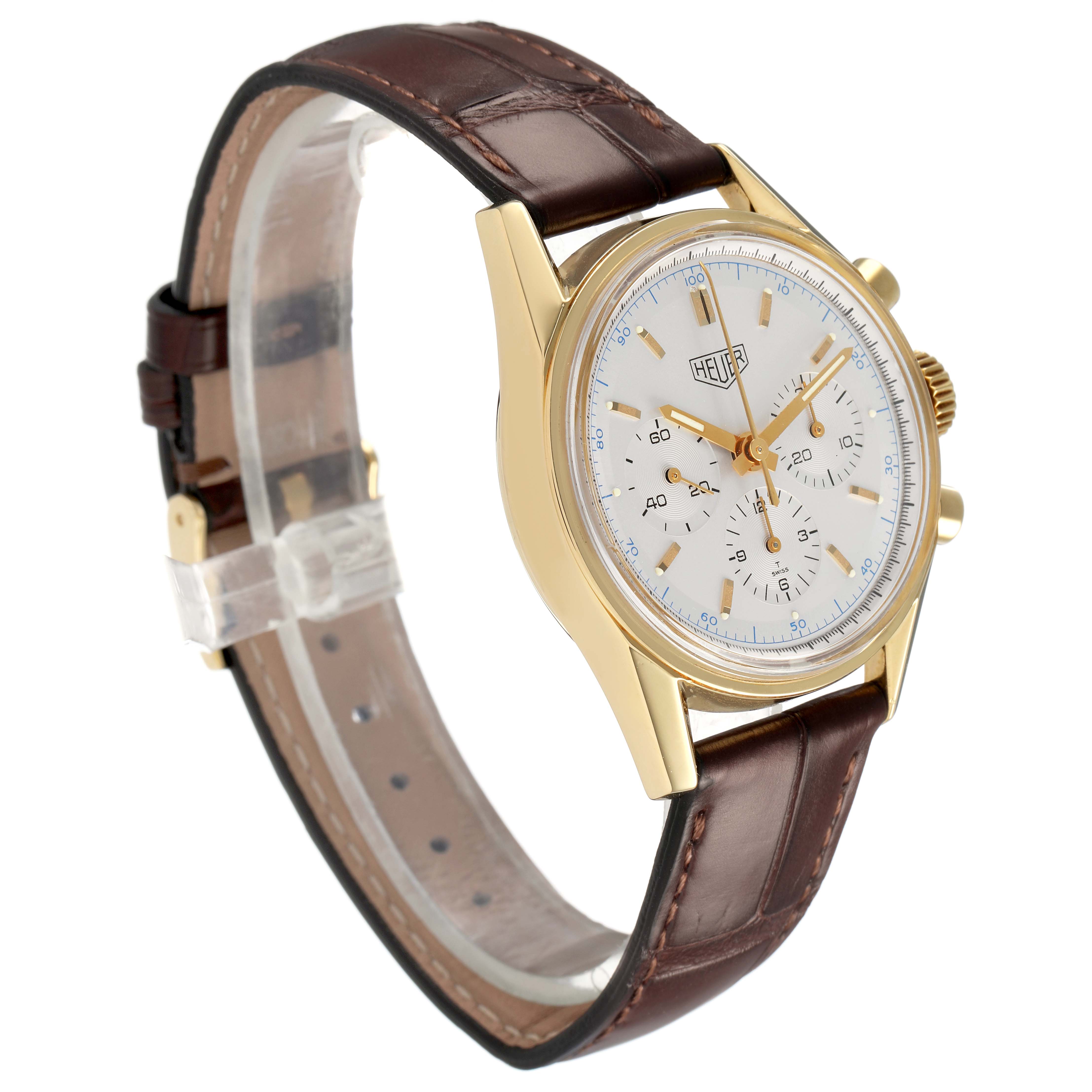 The Tag Heuer Carrera CS3140 Men's Yellow Gold Silver Dial watch is shown at an angled side view, highlighting the dial, case, and strap.