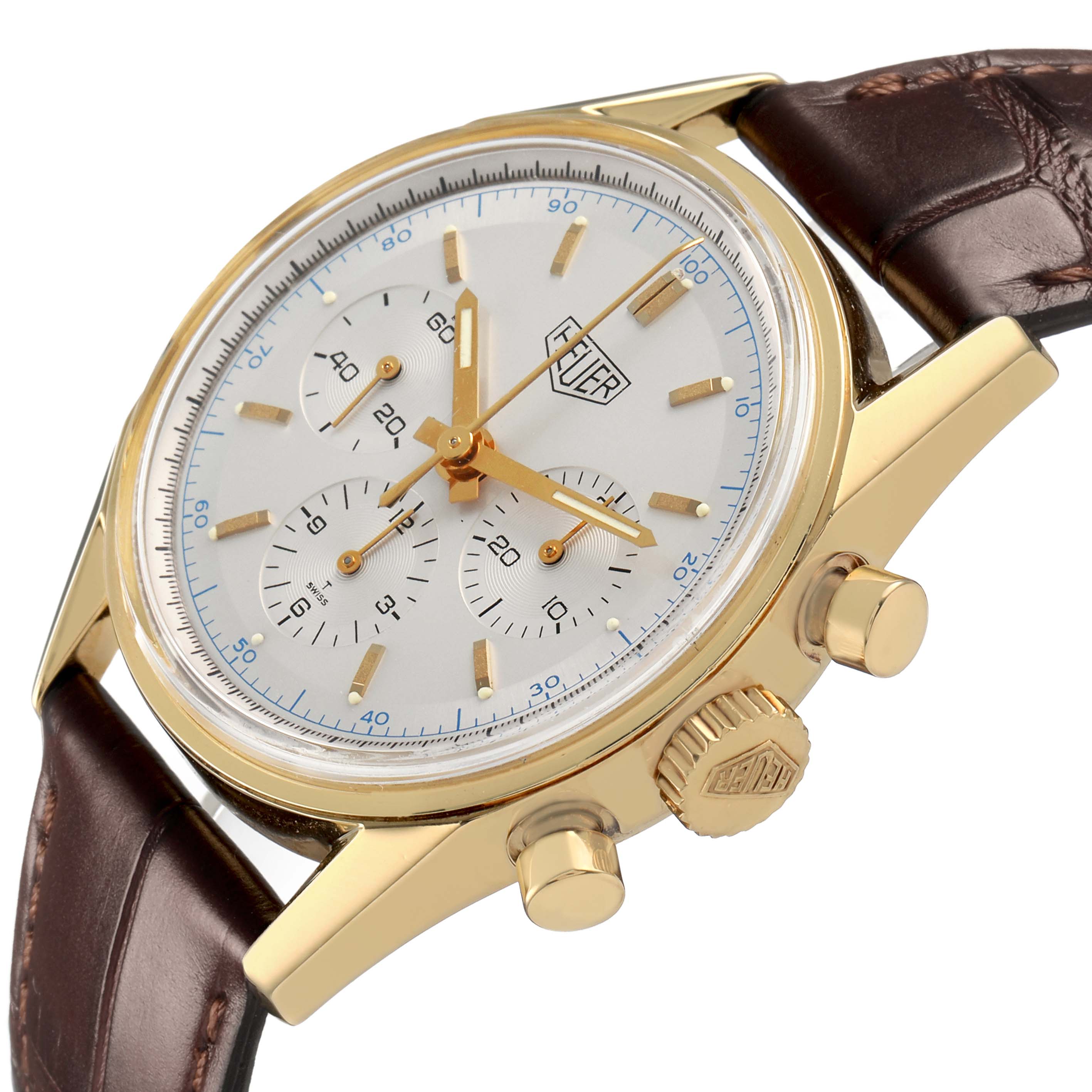 The Tag Heuer Carrera CS3140 Men's Yellow Gold Silver Dial watch is shown at a slight angle, highlighting the dial, subdials, crown, and pushers.