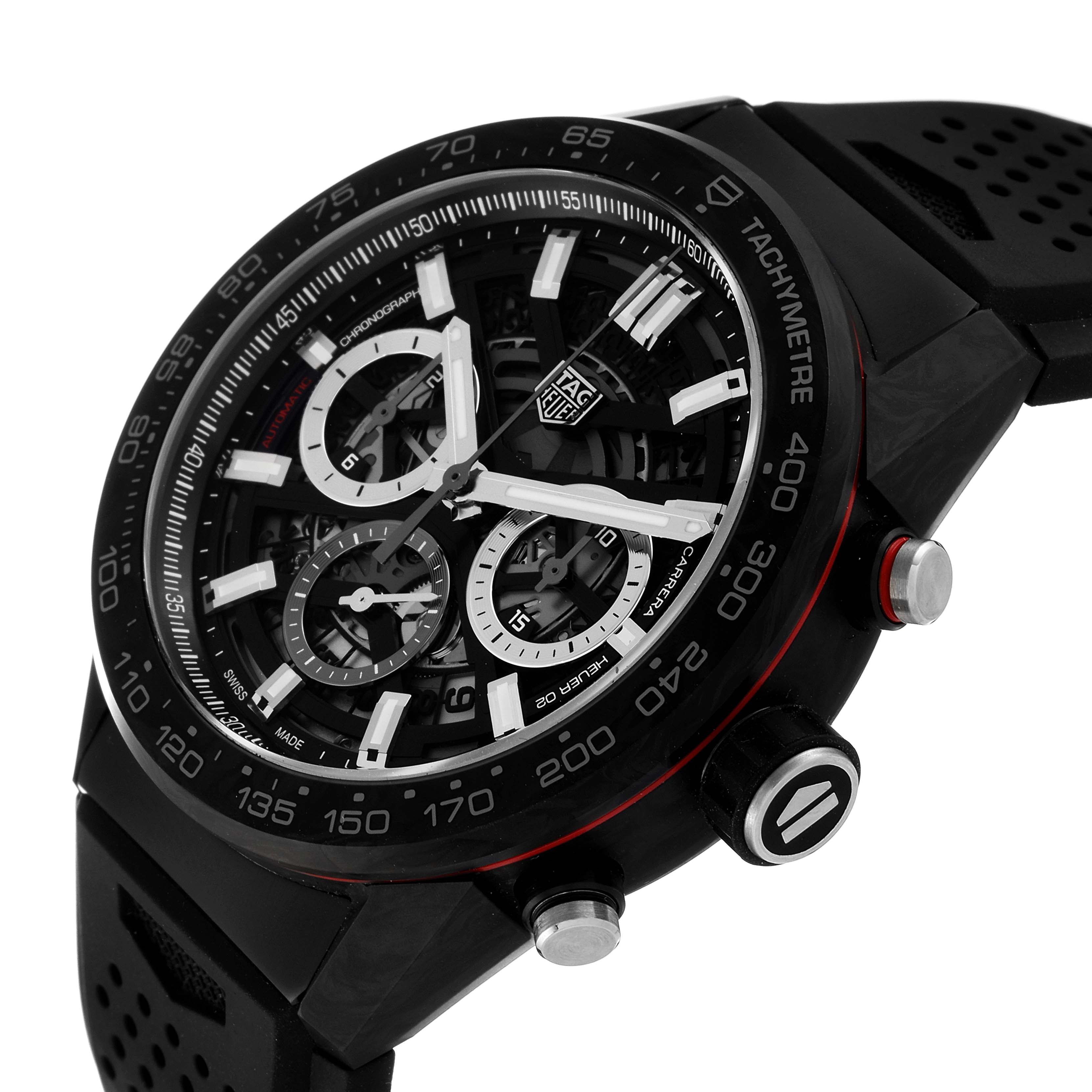 The image shows a close-up, angled view of the Tag Heuer Carrera CBG2A91.FT6173 Men's Ceramic Black Dial CBG2A91.FT6173 Men's Ceramic Black Dial watch, highlighting its dial, tachymeter, and pushers.