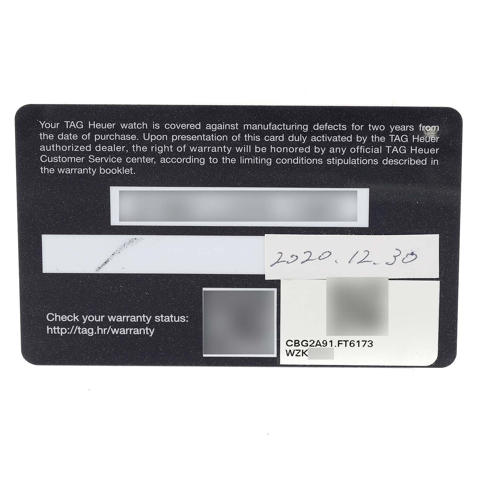 This image shows a warranty card for a Tag Heuer Carrera CBG2A91.FT6173 Men's Ceramic Black Dial CBG2A91.FT6173 Men's Ceramic Black Dial watch, displaying the purchase date and covered conditions.
