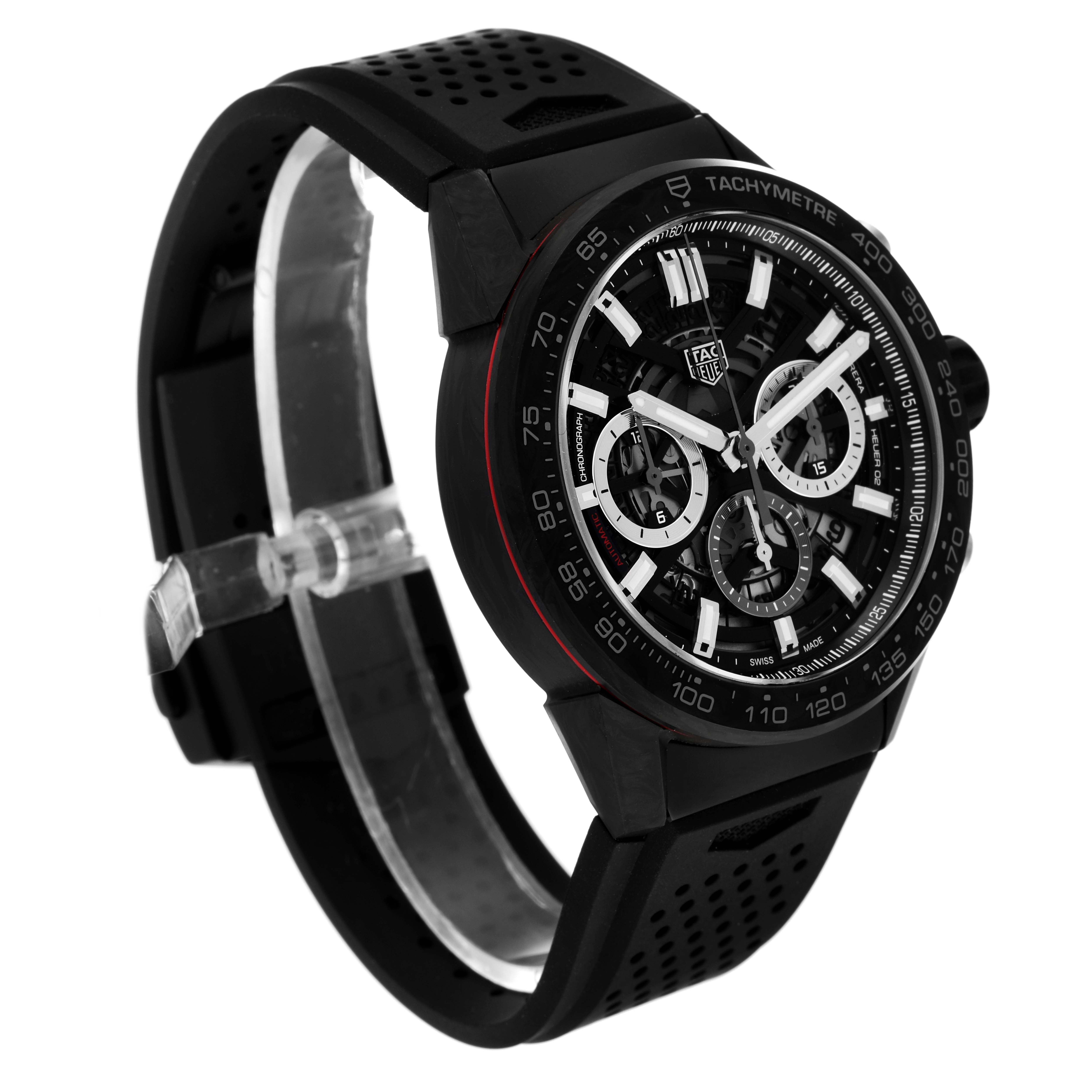 The Tag Heuer Carrera CBG2A91.FT6173 Men's Ceramic Black Dial CBG2A91.FT6173 Men's Ceramic Black Dial watch is shown at a slight angle, highlighting its black dial, tachymeter bezel, and perforated black strap.