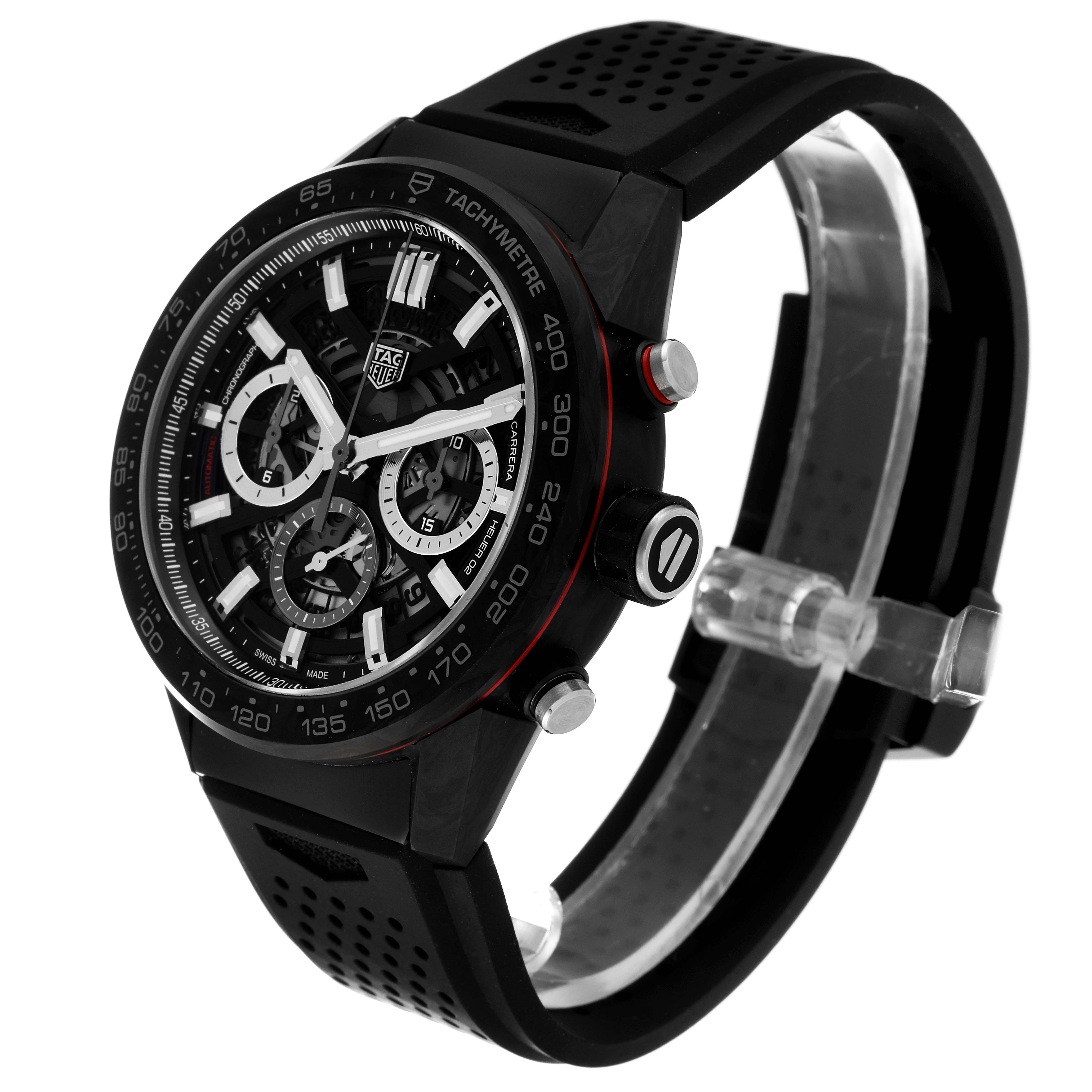 The Tag Heuer Carrera CBG2A91.FT6173 Men's Ceramic Black Dial CBG2A91.FT6173 Men's Ceramic Black Dial watch is shown at an angle with its face, bezel, and strap clearly visible.