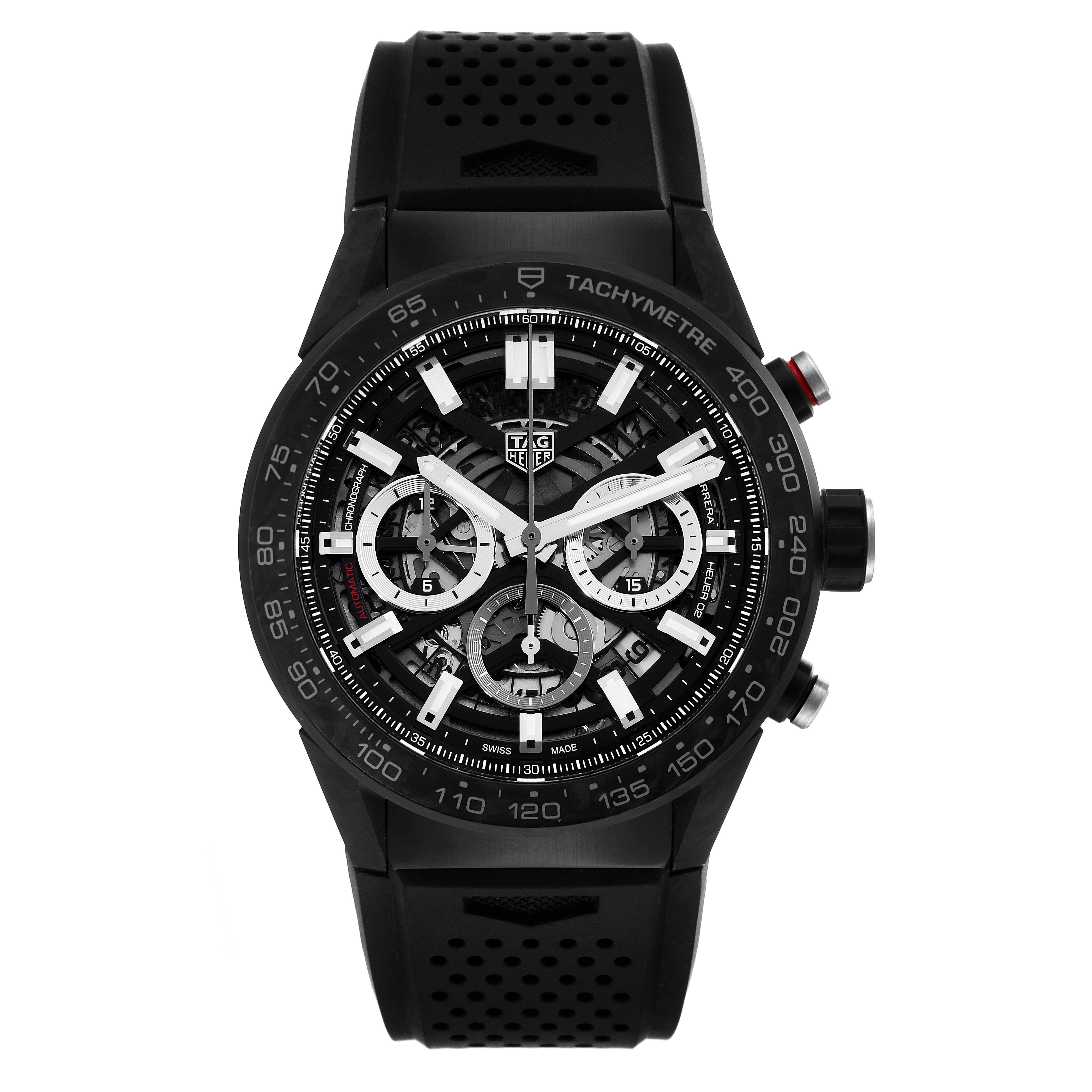 The image shows a frontal view of a Tag Heuer Carrera CBG2A91.FT6173 Men's Ceramic Black Dial CBG2A91.FT6173 Men's Ceramic Black Dial watch, showcasing its face, bezel, and black rubber strap.