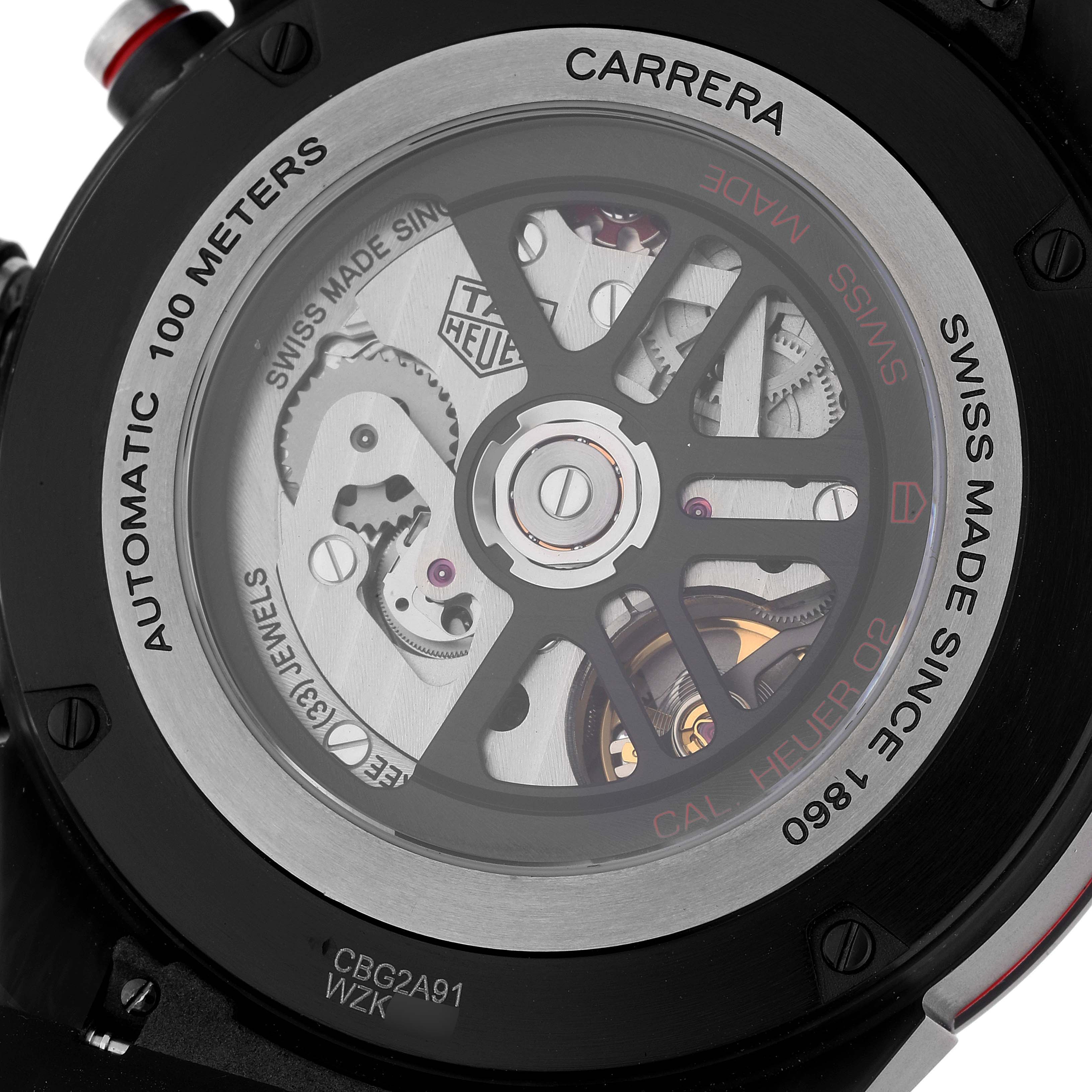 This image shows the back of a Tag Heuer Carrera CBG2A91.FT6173 Men's Ceramic Black Dial CBG2A91.FT6173 Men's Ceramic Black Dial watch, displaying its automatic movement and intricate mechanisms.