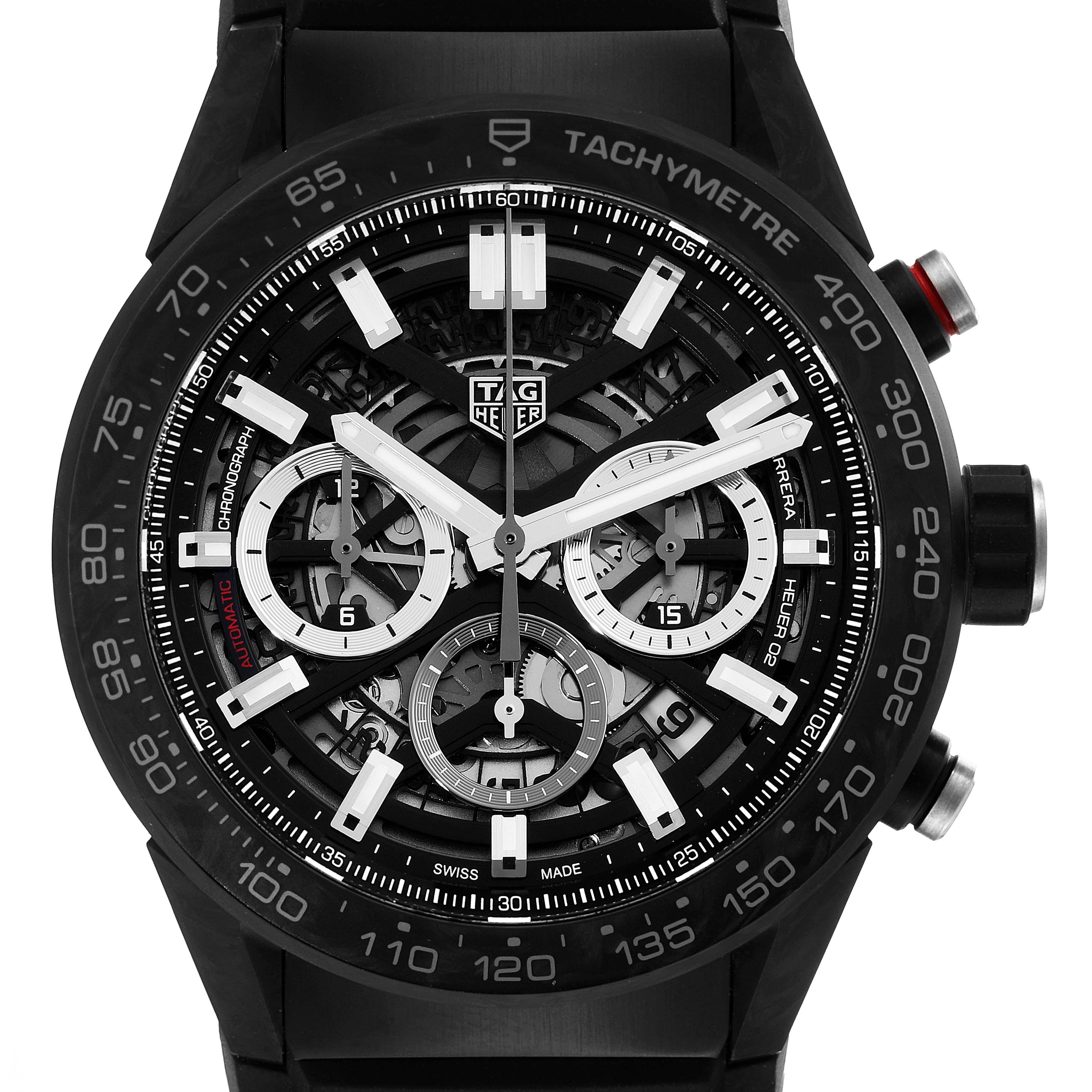 This image shows a front view of the Tag Heuer Carrera CBG2A91.FT6173 Men's Ceramic Black Dial CBG2A91.FT6173 Men's Ceramic Black Dial model watch, displaying the dial, tachymeter bezel, and subdials.