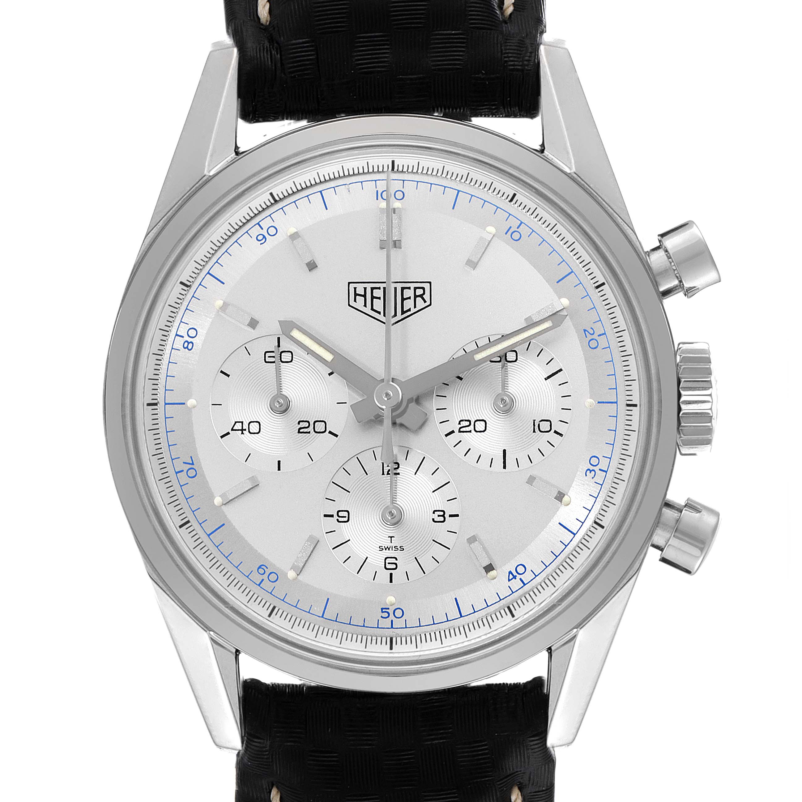 The image shows a front view of the Tag Heuer Carrera CS3110 Men's Stainless Steel Silver Dial CS3110 Men's Stainless Steel Silver Dial watch, displaying the dial, hands, and chronograph sub-dials with a leather strap.