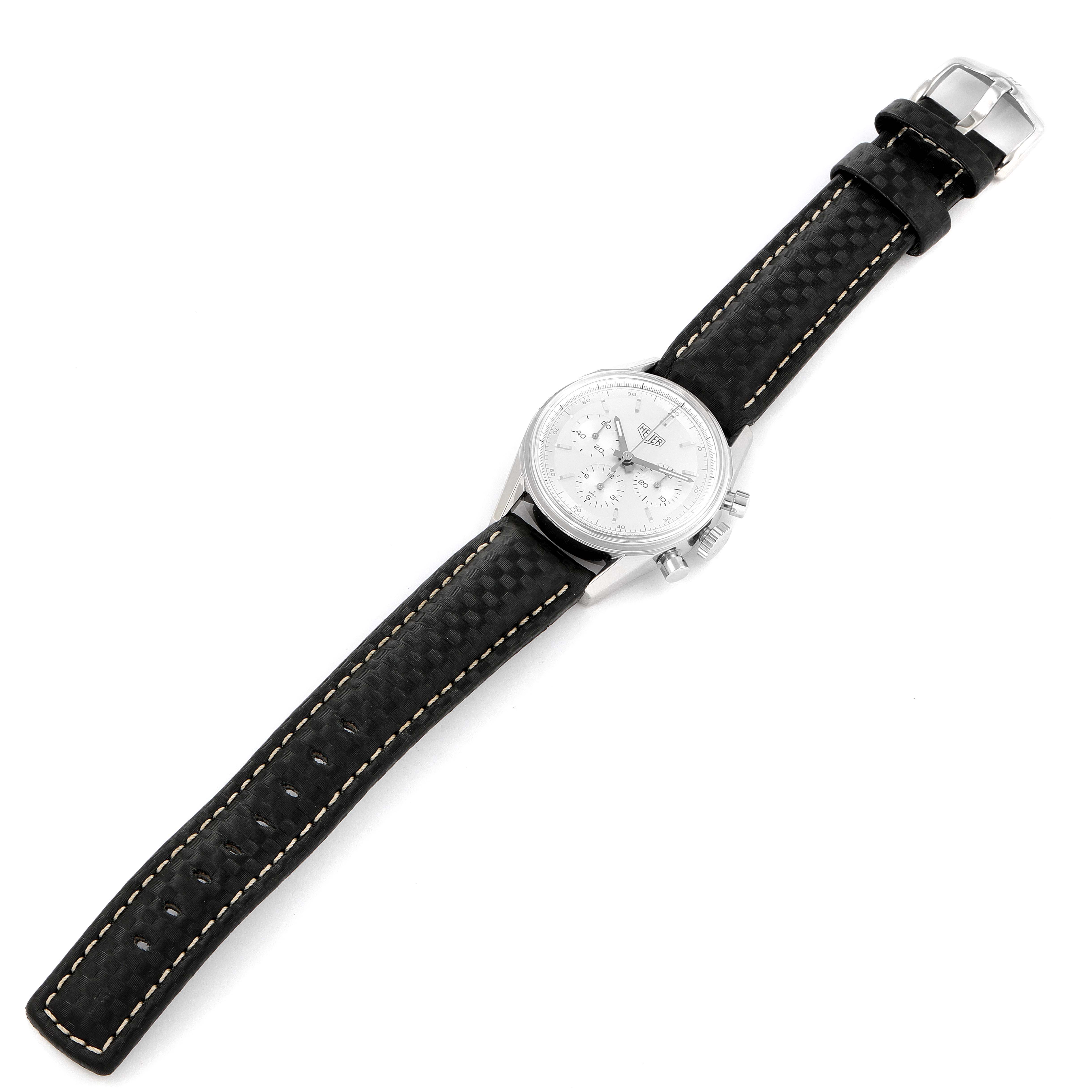 The image shows a full view of a Tag Heuer Carrera CS3110 Men's Stainless Steel Silver Dial CS3110 Men's Stainless Steel Silver Dial watch with a black textured leather strap, seen from a top-down angle.