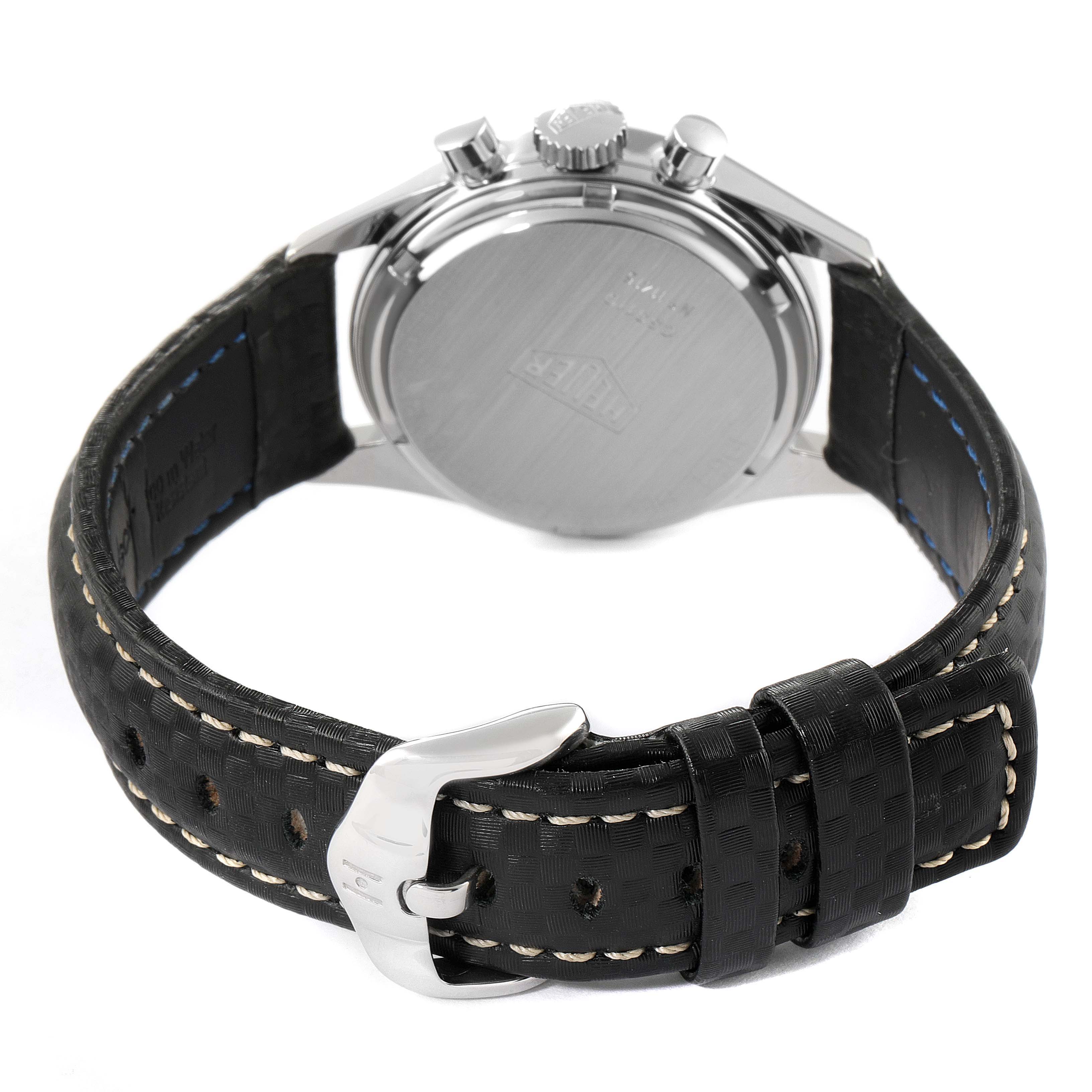 This image shows the back case and leather strap with buckle of the Tag Heuer Carrera CS3110 Men's Stainless Steel Silver Dial CS3110 Men's Stainless Steel Silver Dial watch.