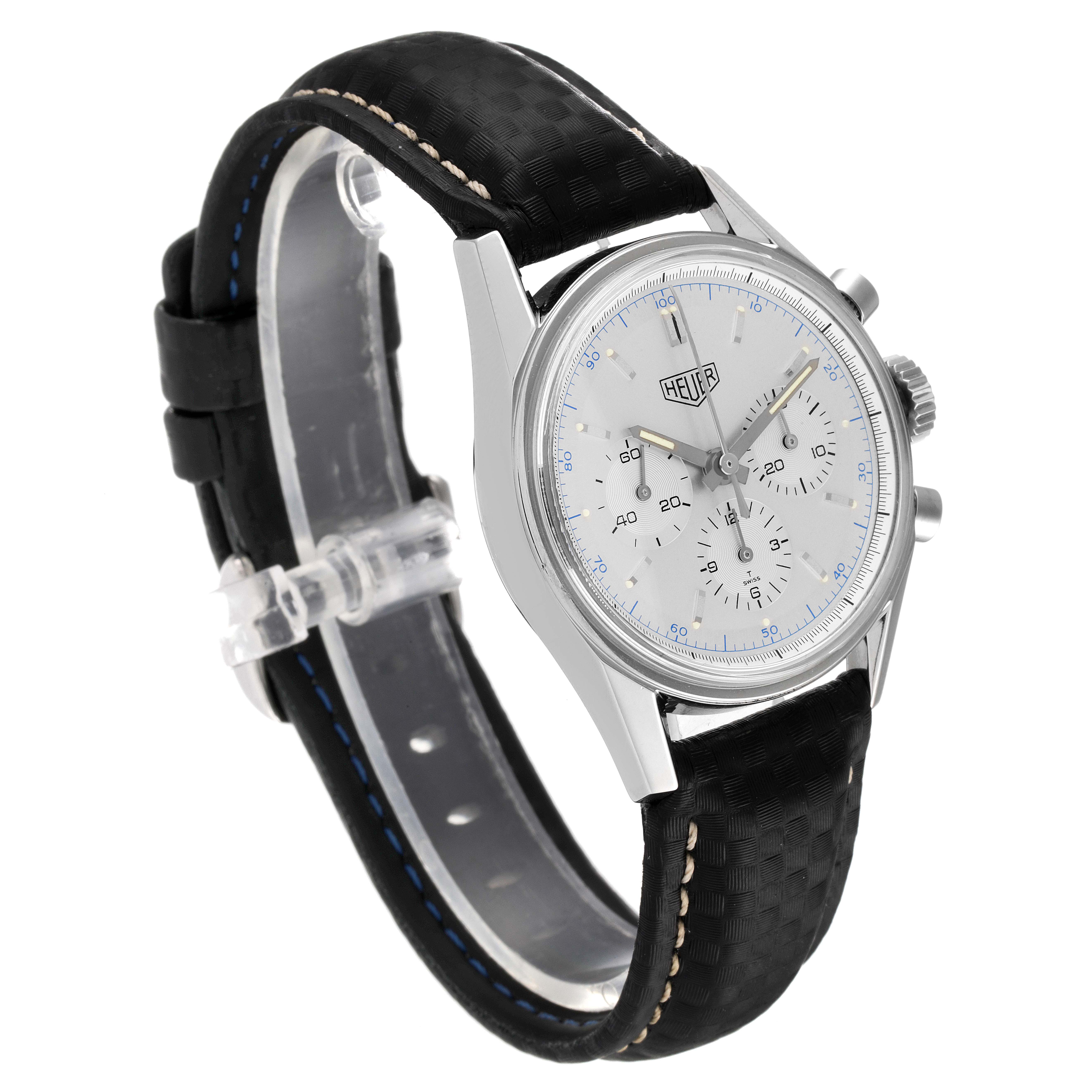 The image shows a Tag Heuer Carrera CS3110 Men's Stainless Steel Silver Dial CS3110 Men's Stainless Steel Silver Dial watch at an angle, displaying its face, crown, pushers, and black leather strap.