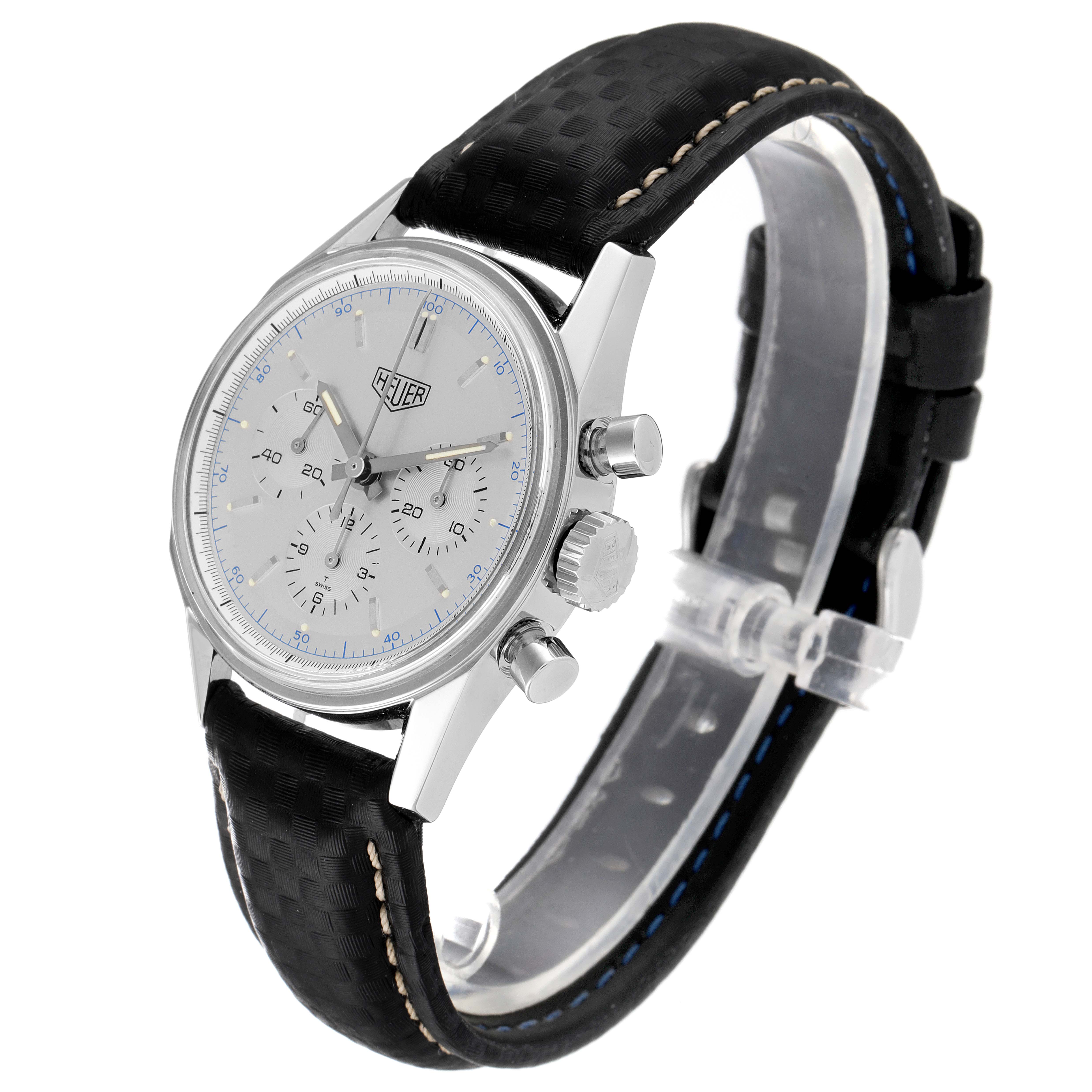 The image shows a Tag Heuer Carrera CS3110 Men's Stainless Steel Silver Dial CS3110 Men's Stainless Steel Silver Dial watch at an oblique angle, highlighting the face, crown, pushers, and strap.