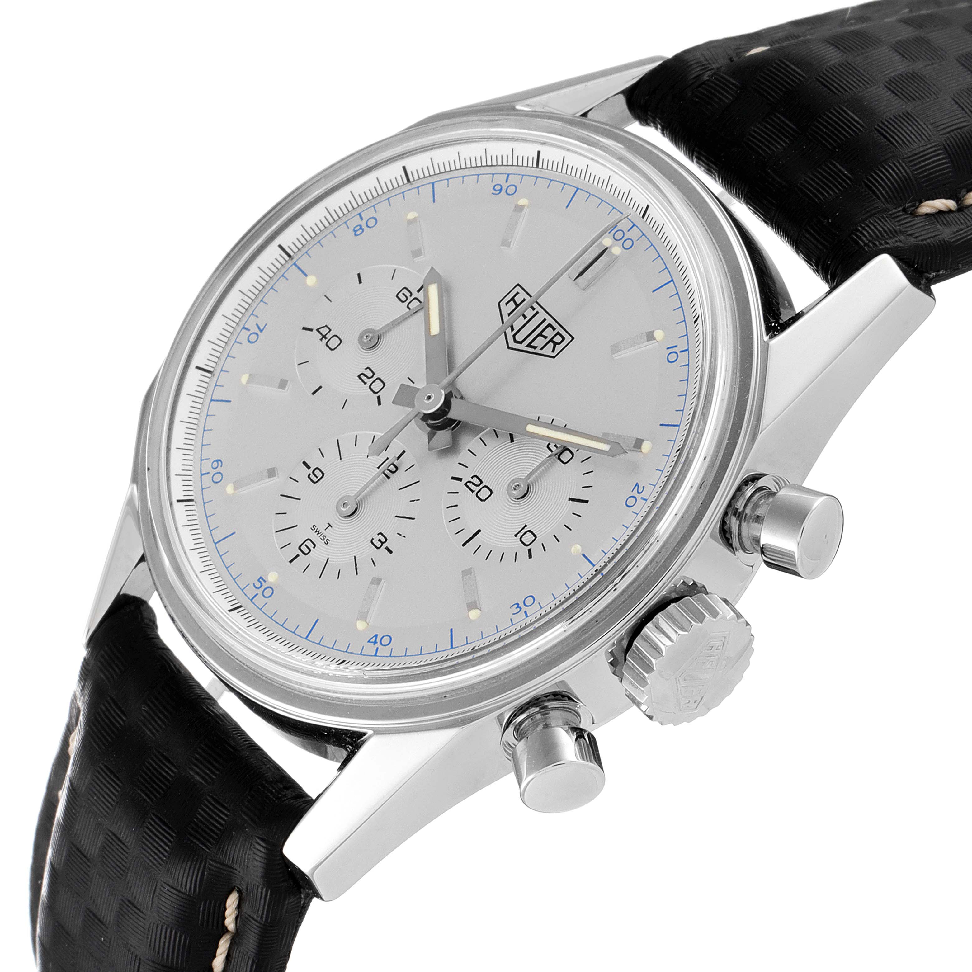 The Tag Heuer Carrera CS3110 Men's Stainless Steel Silver Dial CS3110 Men's Stainless Steel Silver Dial watch is shown at an angle displaying the face, crown, pushers, and a portion of the strap.
