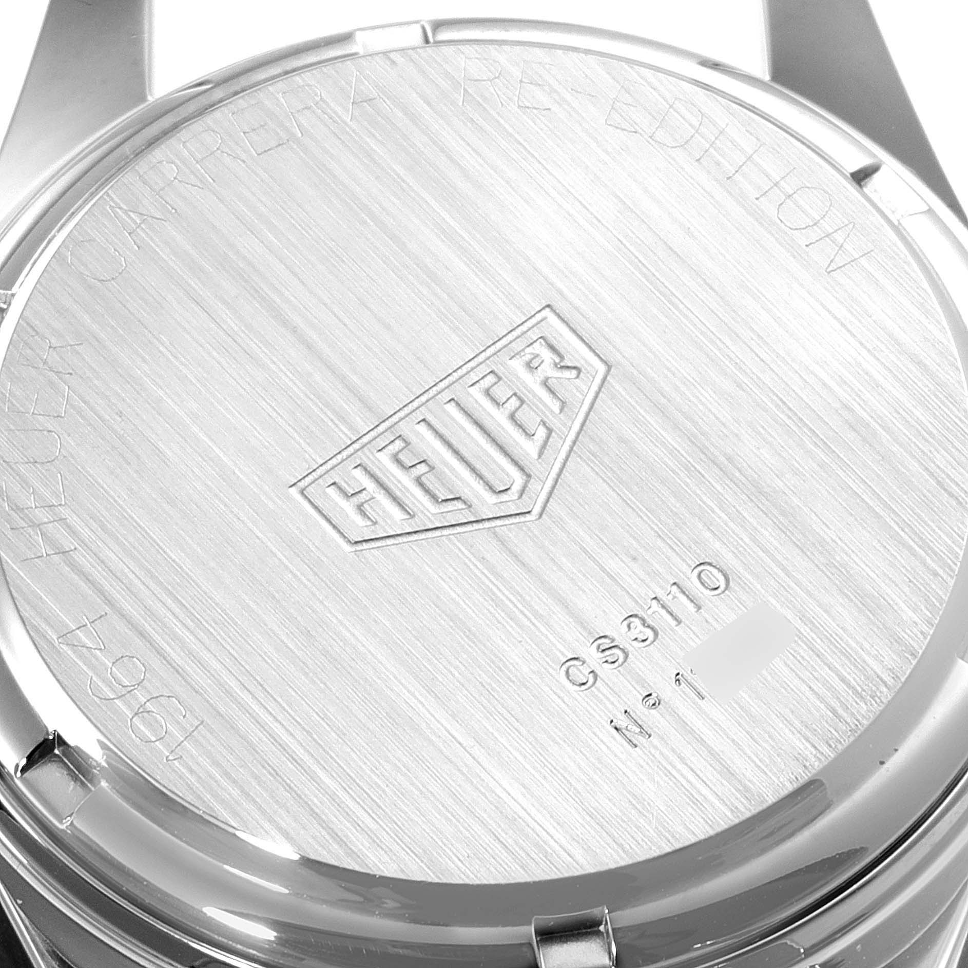 The image shows the back case of a Tag Heuer Carrera CS3110 Men's Stainless Steel Silver Dial CS3110 Men's Stainless Steel Silver Dial watch, displaying the model details and the Heuer logo.