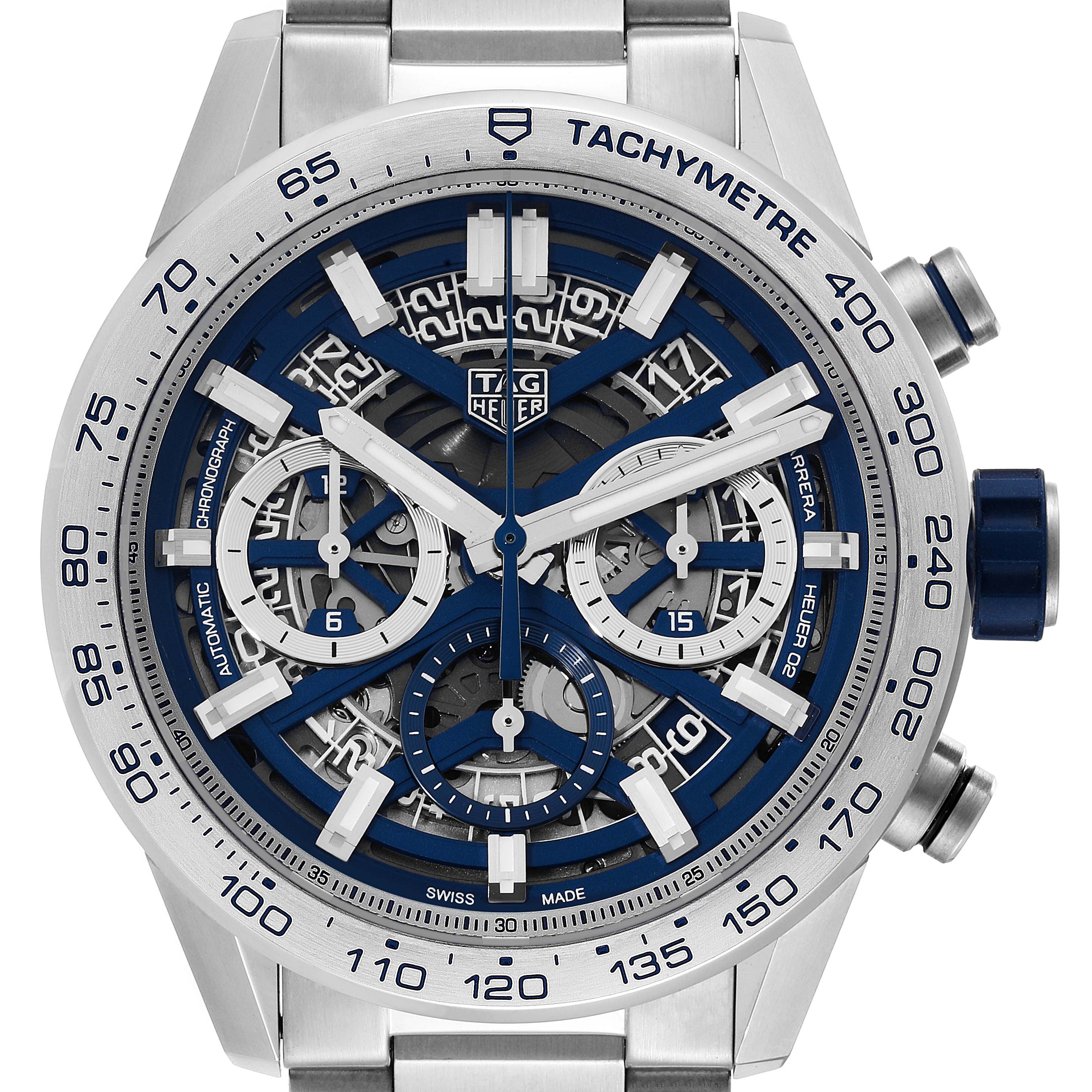 The image shows a front view of the Limited Edition Tag Heuer Carrera Heuer 01 chronograph watch face and bezel with its intricate design details.