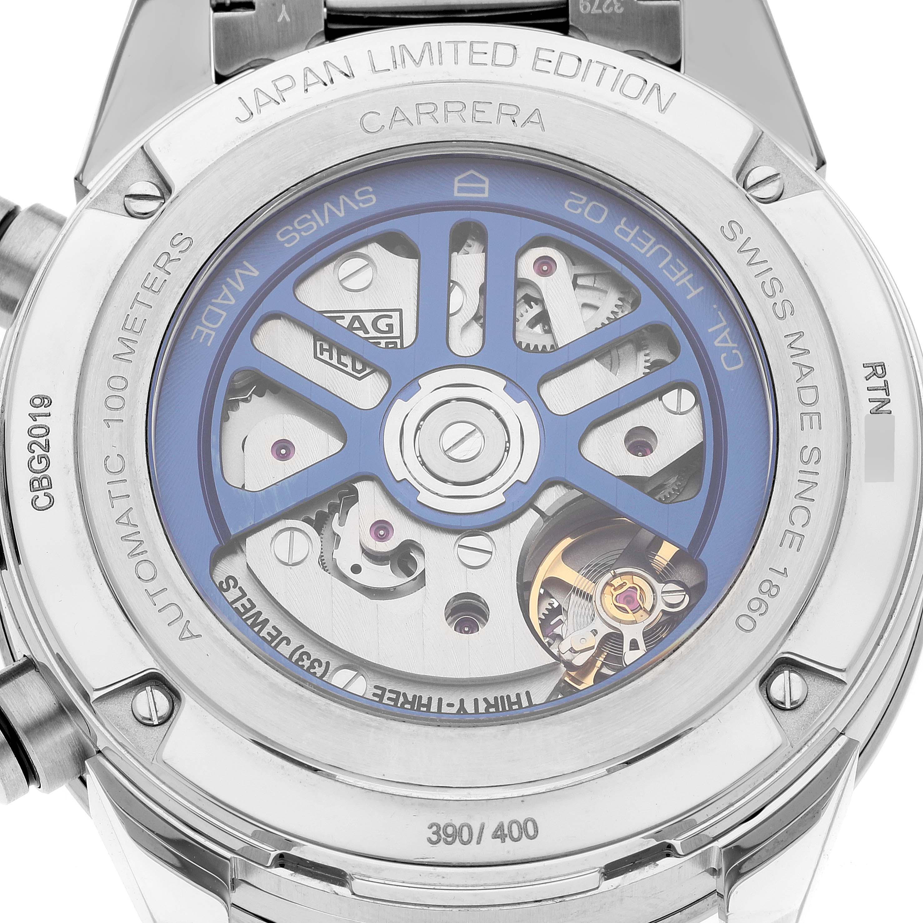 The image shows the back view of a Tag Heuer Carrera Japan Limited Edition watch, highlighting its automatic movement mechanism.