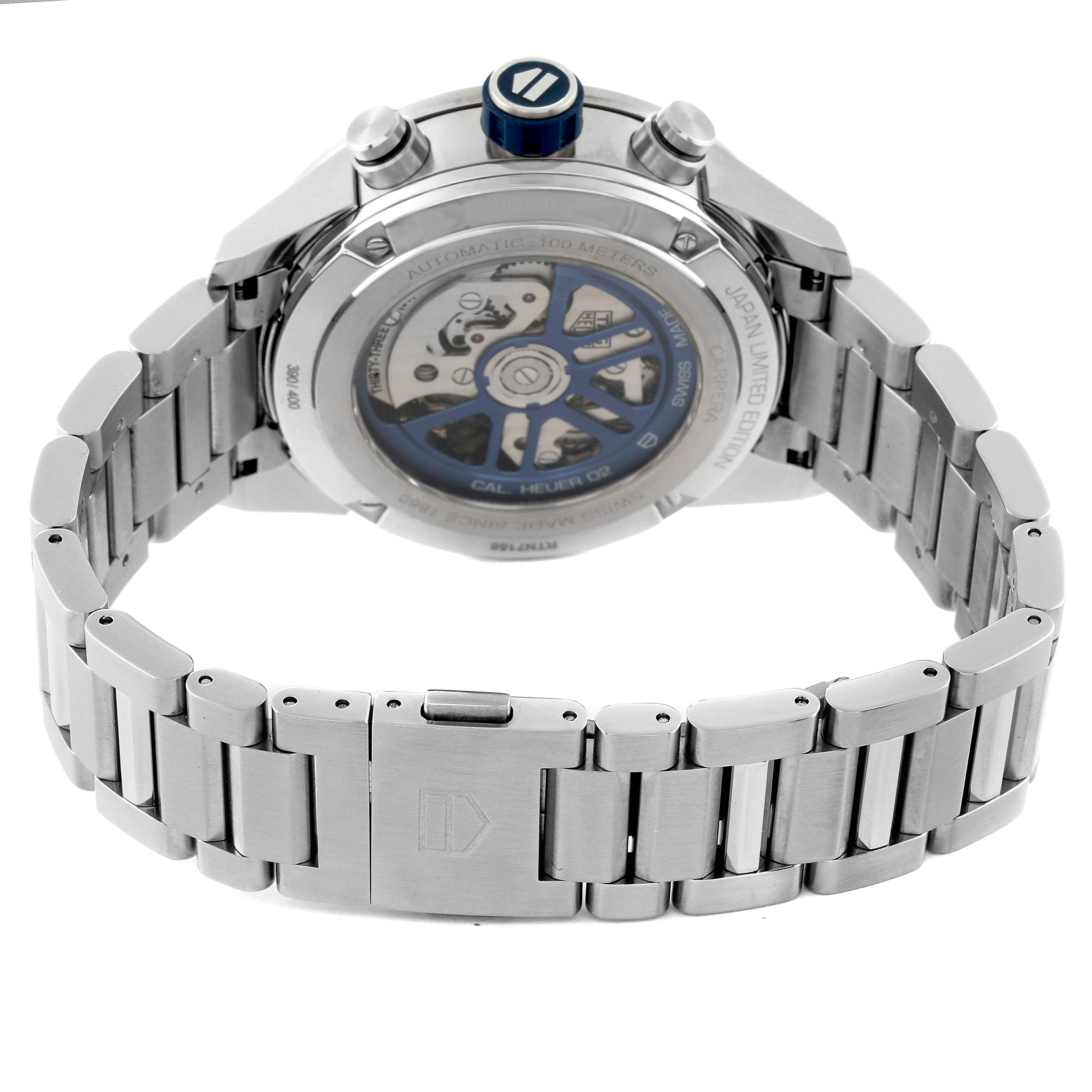 This image shows the back view of a Tag Heuer Carrera watch, highlighting the movement and the stainless steel bracelet.