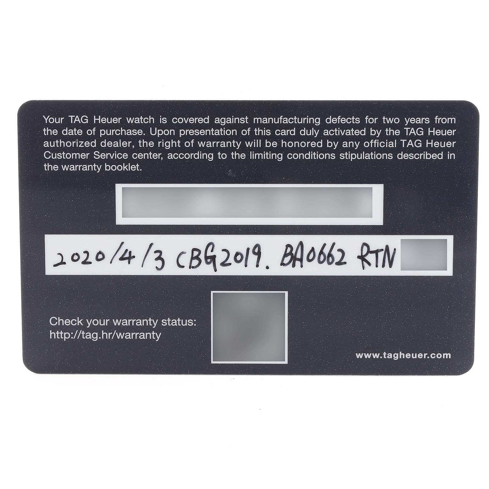 This image shows a warranty card for a Tag Heuer Carrera watch, displaying the warranty terms and registration details.