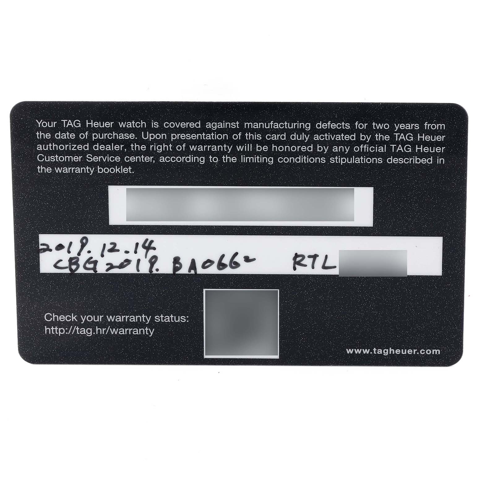 This is a warranty card for the Limited Edition Tag Heuer CBG2018.BA066.