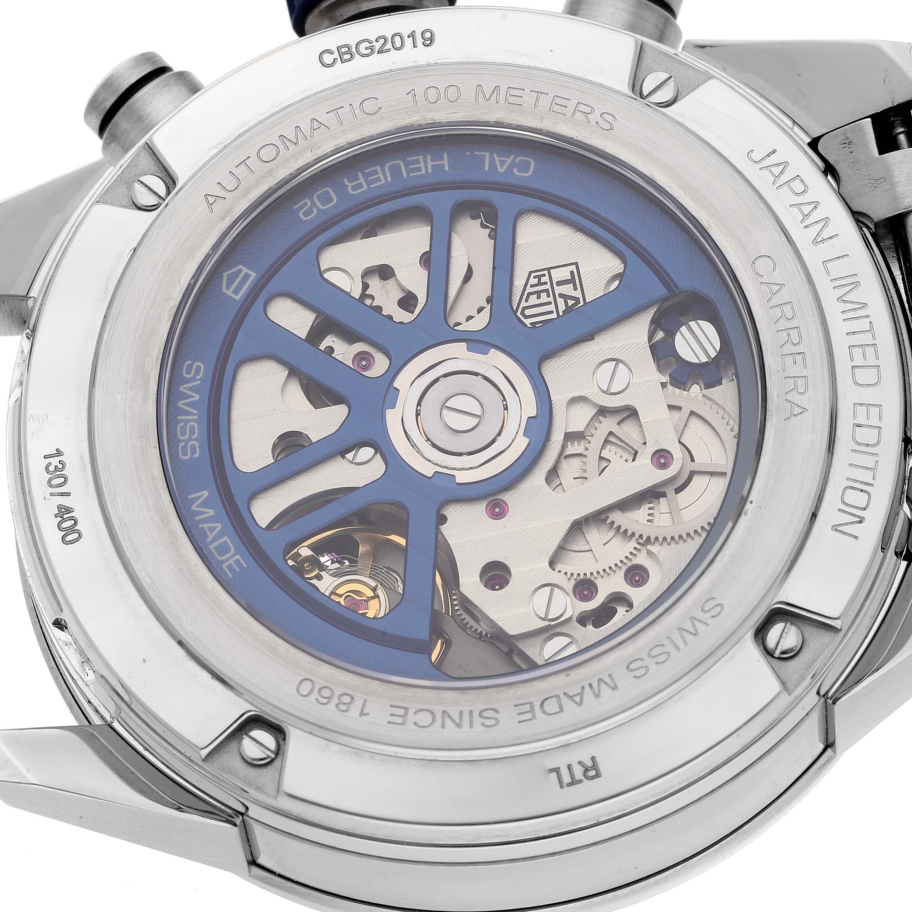 This image shows the back view of the Tag Heuer Carrera Limited Edition wristwatch, highlighting its automatic movement mechanism and engravings.