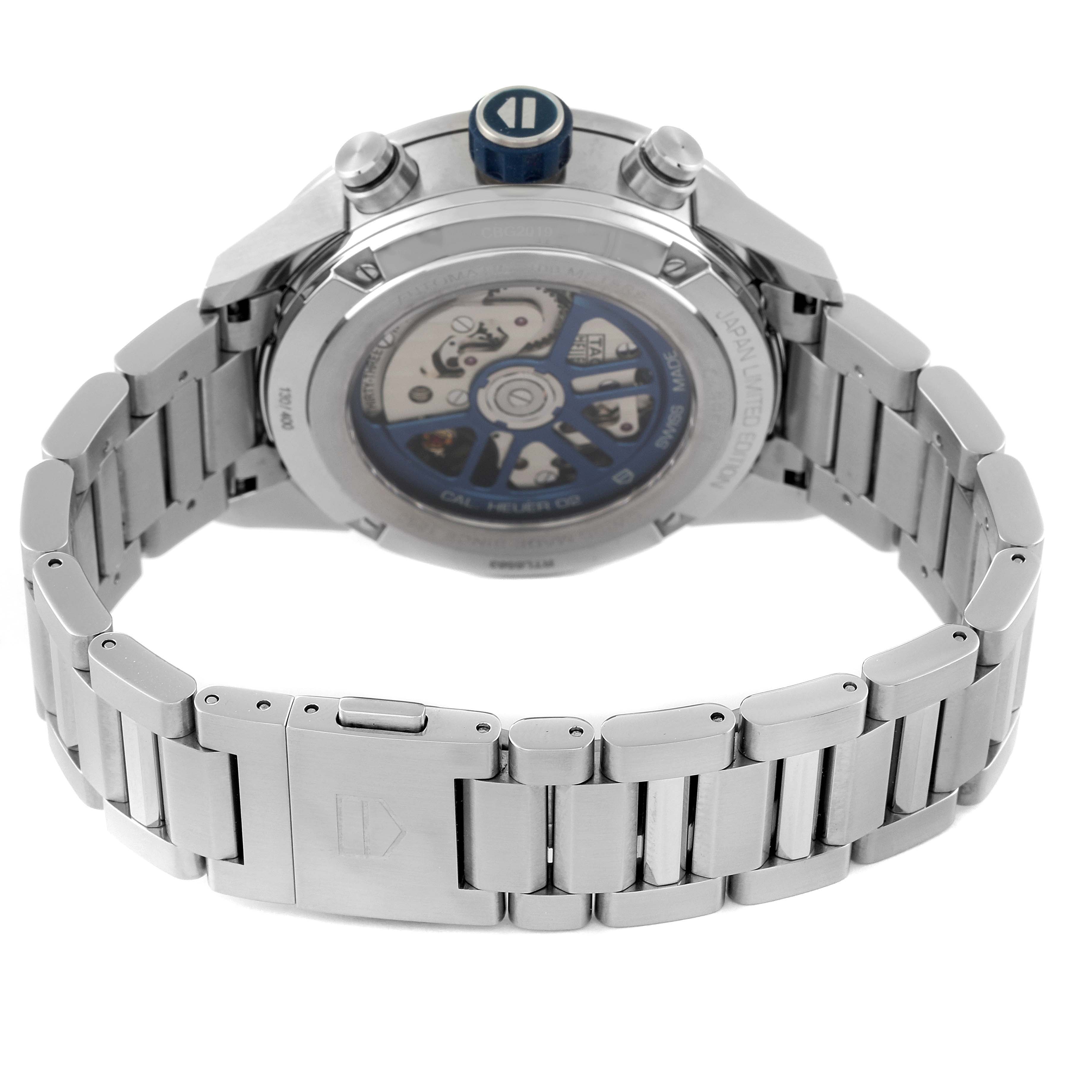 The image shows the back view and bracelet of a Tag Heuer Limited Edition CBG2019.BA0662 Men's Stainless Steel Blue Dial CBG2019.BA0662 Men's Stainless Steel Blue Dial watch, displaying its movement and clasp.
