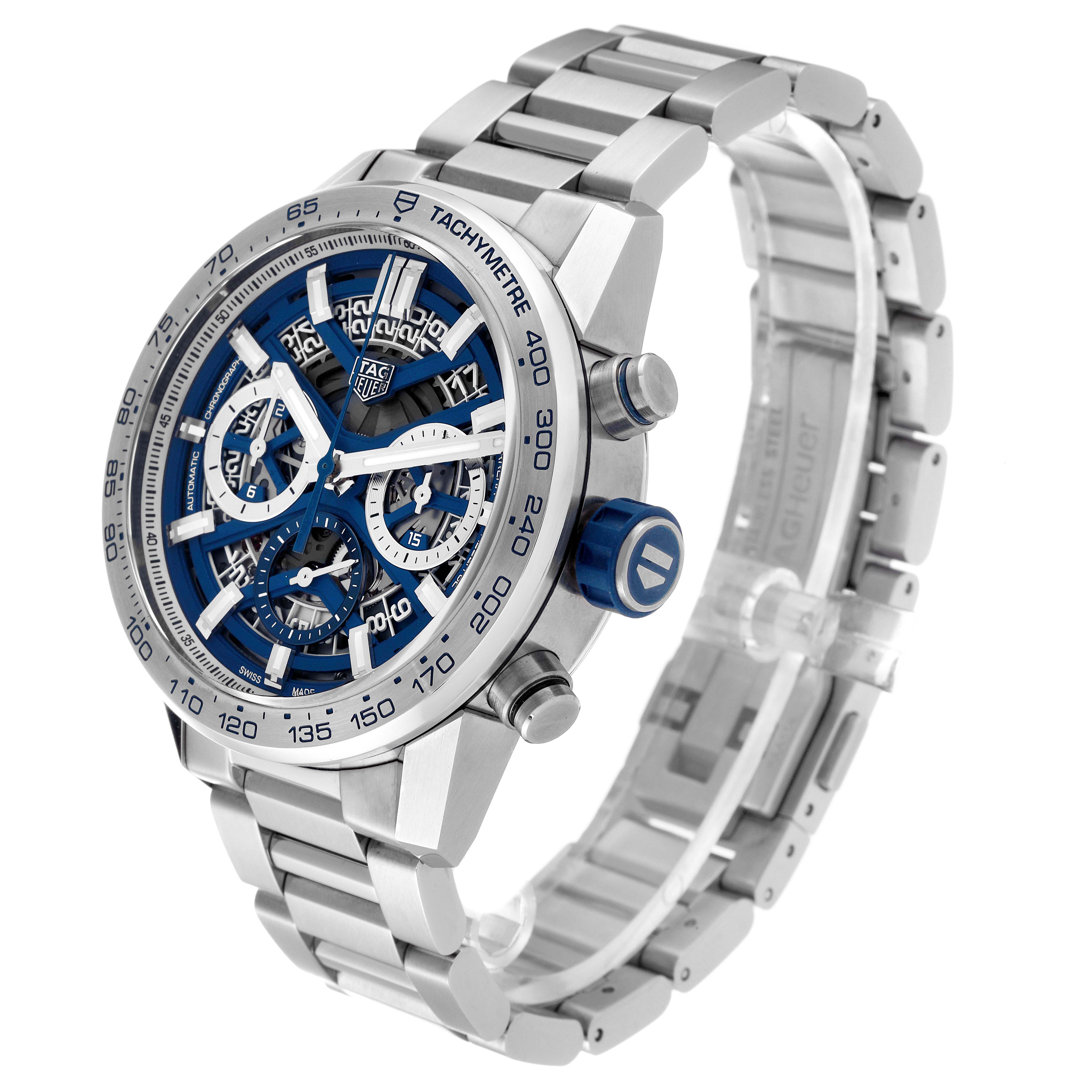 The Tag Heuer Limited Edition CBG2019.BA0662 Men's Stainless Steel Blue Dial CBG2019.BA0662 Men's Stainless Steel Blue Dial watch is shown at an angled view, highlighting its strap and tachymeter bezel.