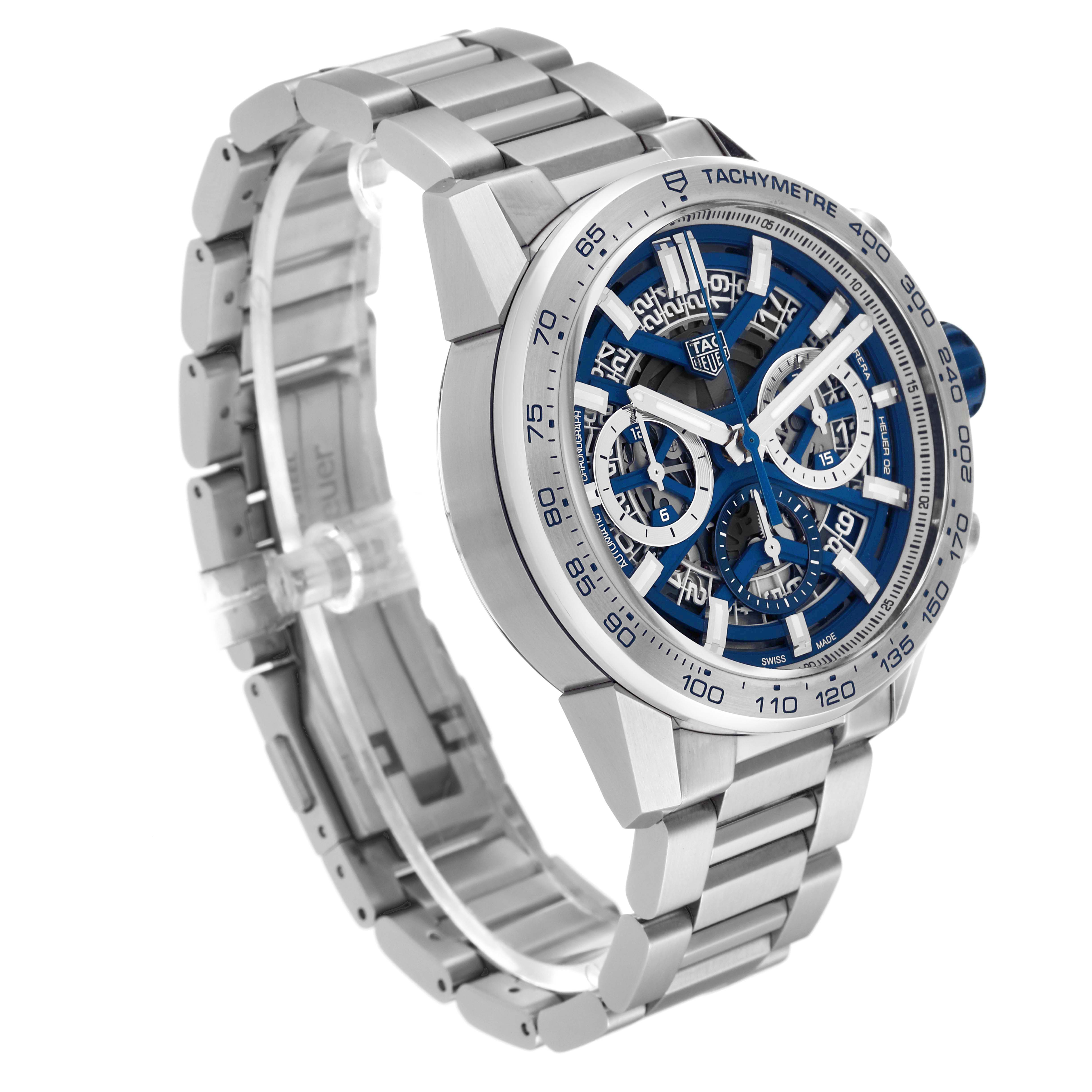 The image shows a Tag Heuer Limited Edition CBG2019.BA0662 Men's Stainless Steel Blue Dial CBG2019.BA0662 Men's Stainless Steel Blue Dial watch at a three-quarter angle, displaying the face, tachymeter bezel, and metal bracelet.