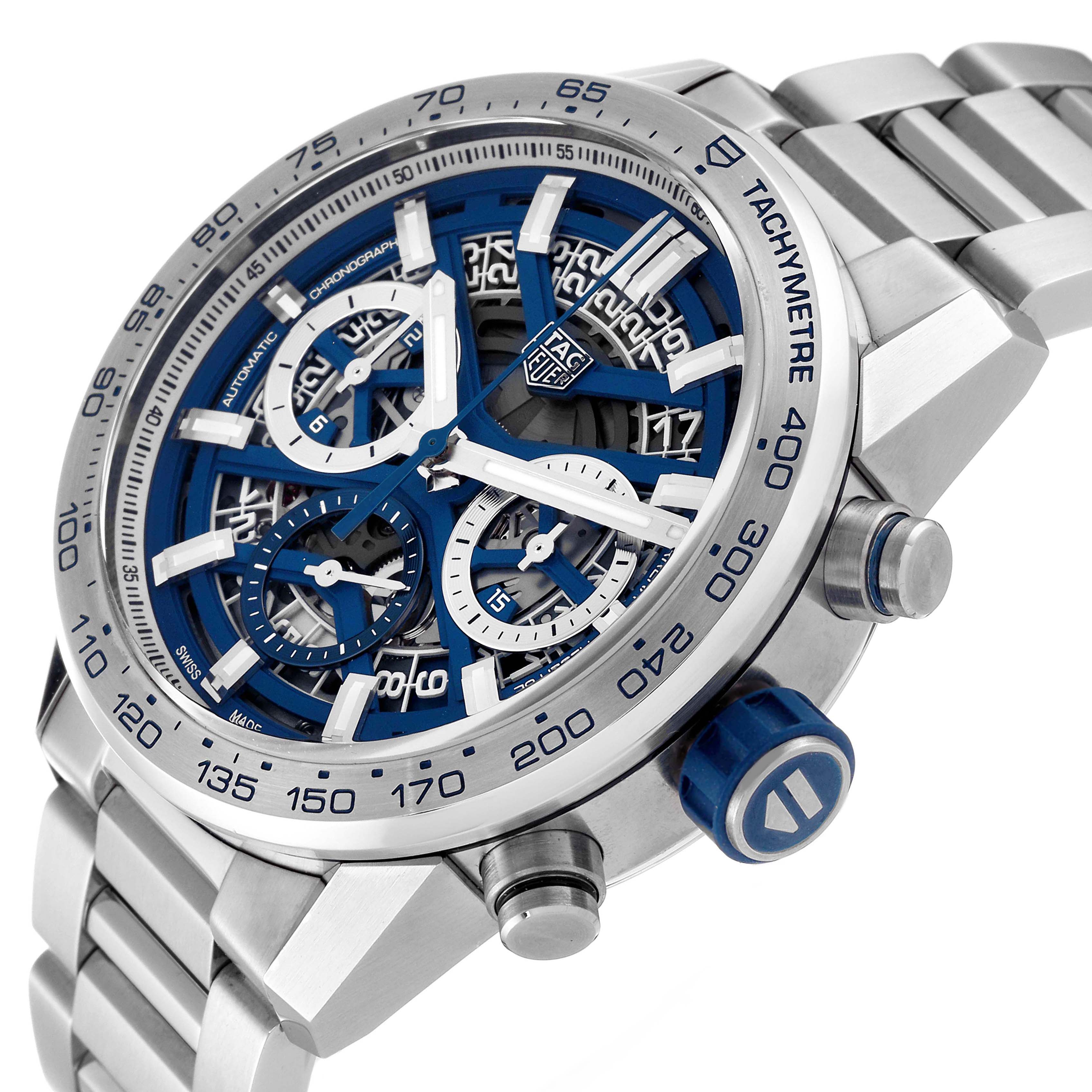 The Tag Heuer Limited Edition CBG2019.BA0662 Men's Stainless Steel Blue Dial CBG2019.BA0662 Men's Stainless Steel Blue Dial watch is shown from an angled side view, highlighting its face, bezel, and bracelet.