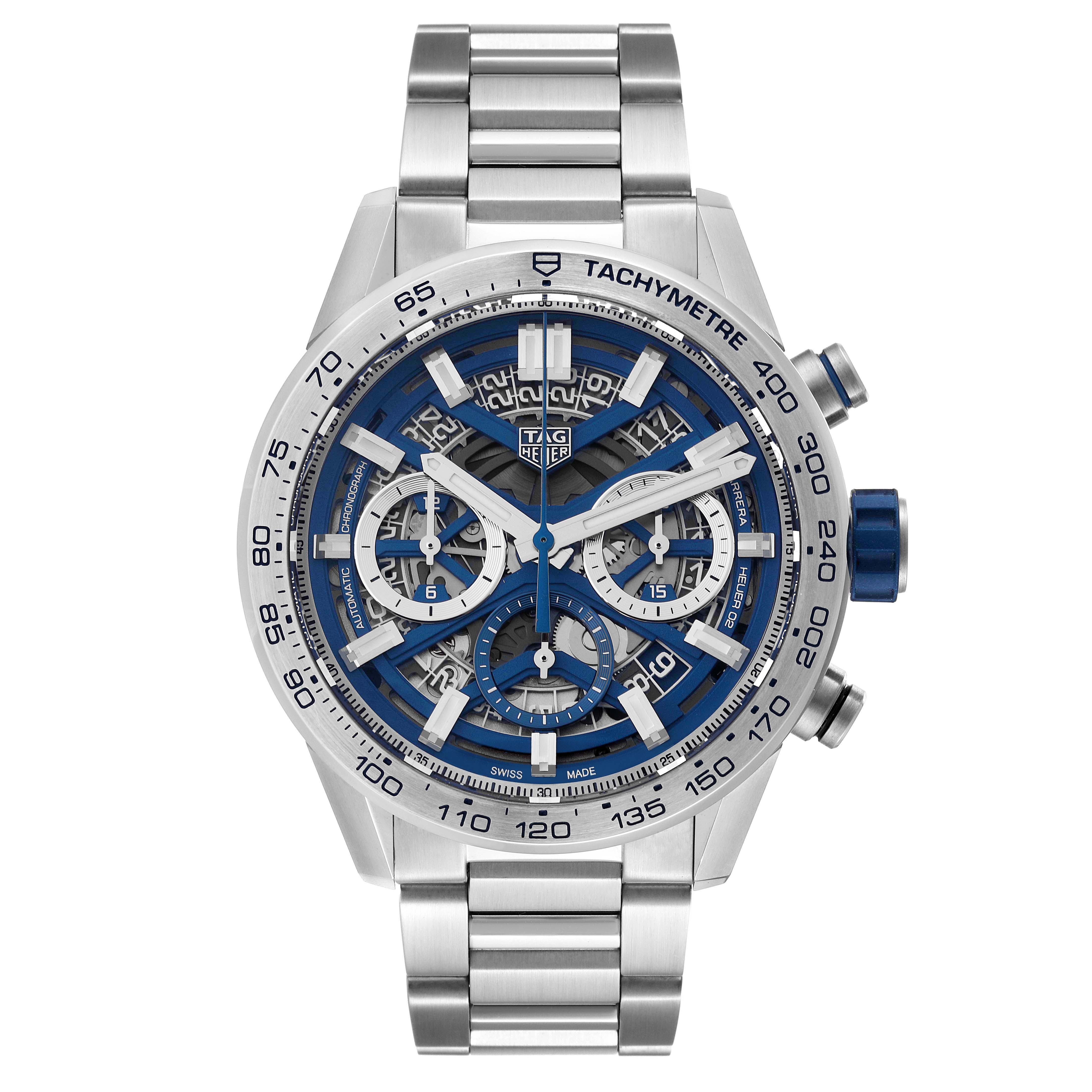 This image displays a front view of a Tag Heuer Limited Edition CBG2019.BA0662 Men's Stainless Steel Blue Dial CBG2019.BA0662 Men's Stainless Steel Blue Dial watch, showcasing its dial, tachymeter, chronographs, and metal bracelet.