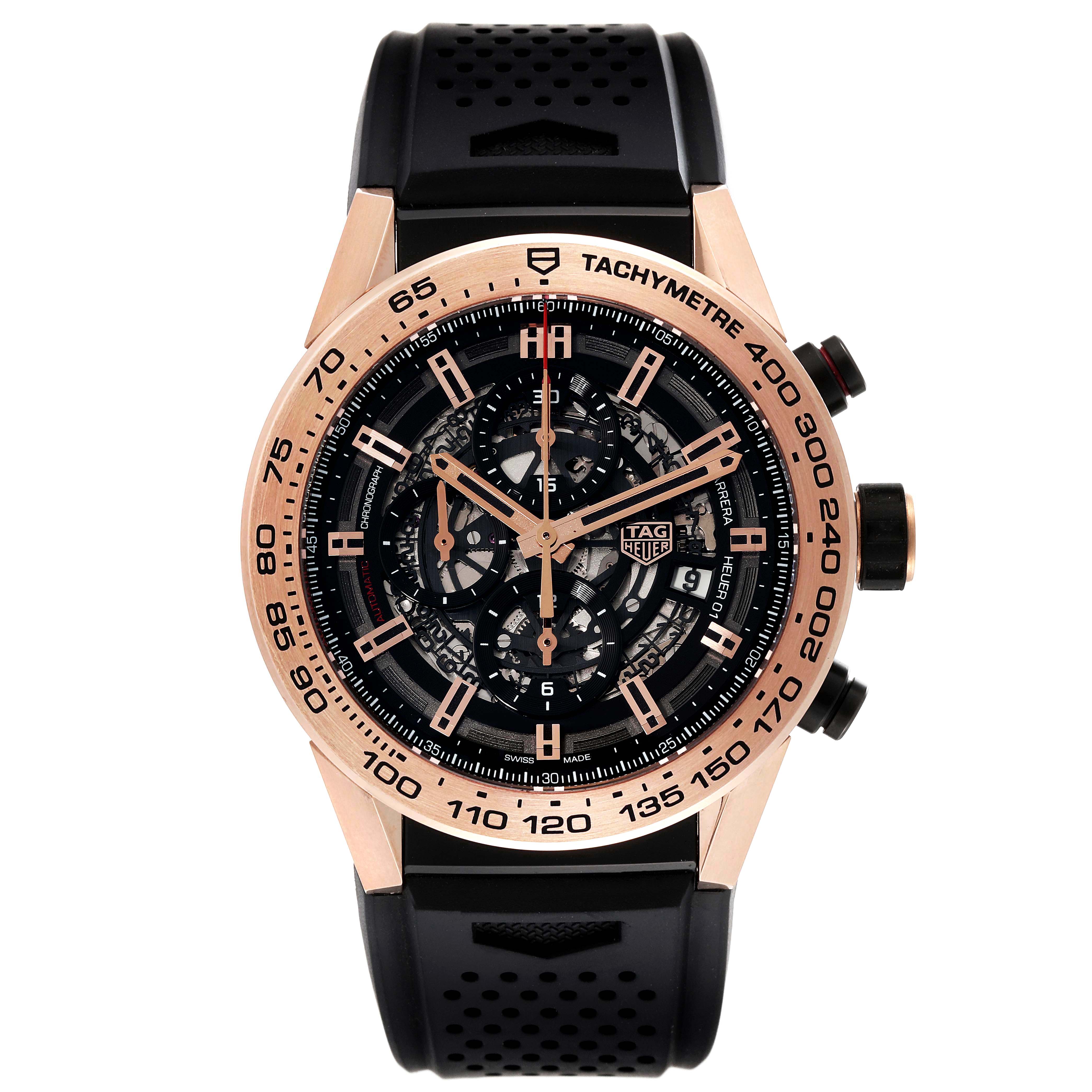 The image shows a frontal view of a Tag Heuer Carrera CAR2A5B.FT6044 Men's Steel and Gold (two tone) Black Dial CAR2A5B.FT6044 Men's Steel and Gold (two tone) Black Dial watch, displaying its face, bezel, and rubber strap.