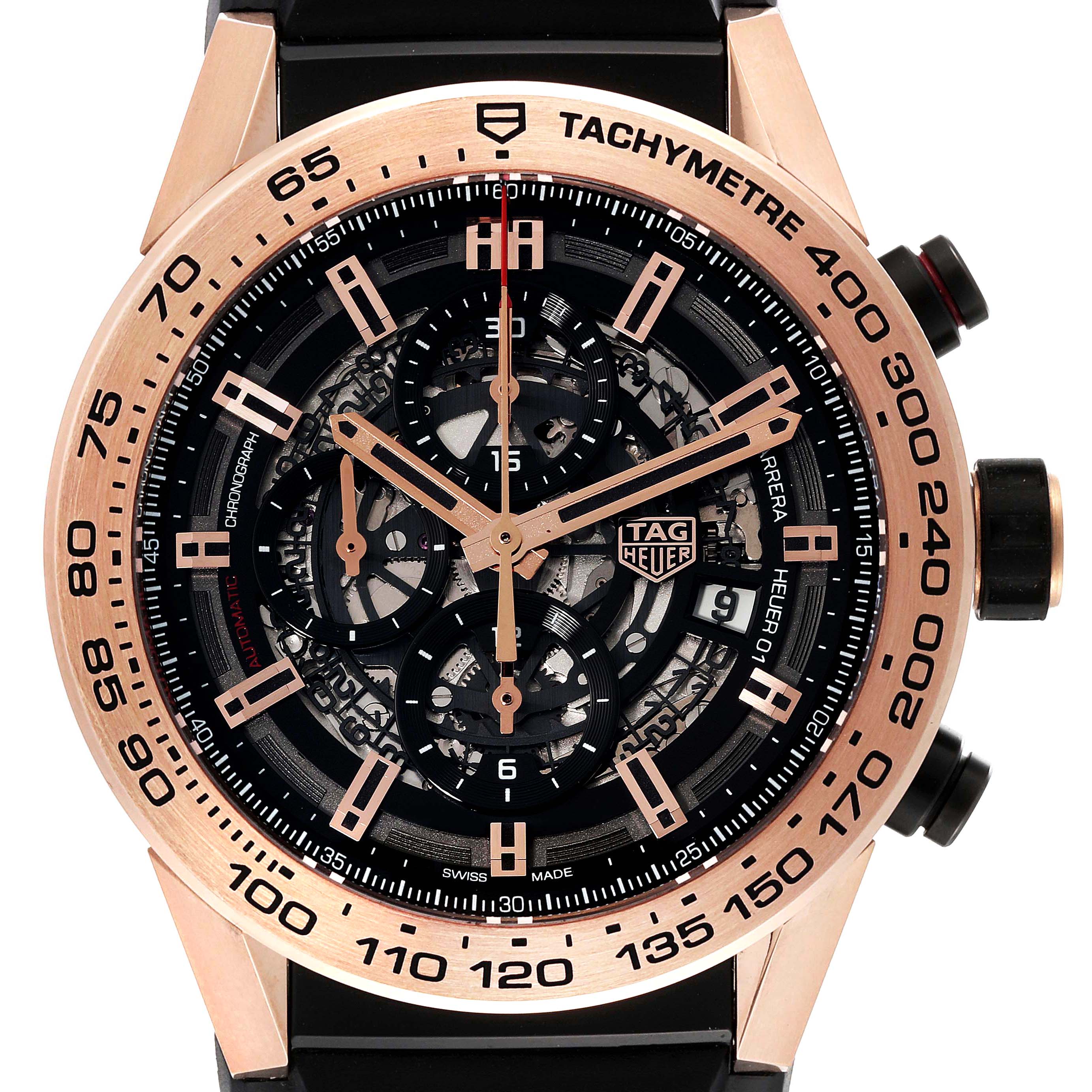 The image shows a close-up front view of the Tag Heuer Carrera CAR2A5B.FT6044 Men's Steel and Gold (two tone) Black Dial CAR2A5B.FT6044 Men's Steel and Gold (two tone) Black Dial watch, highlighting its face, tachymeter, and chronograph features.