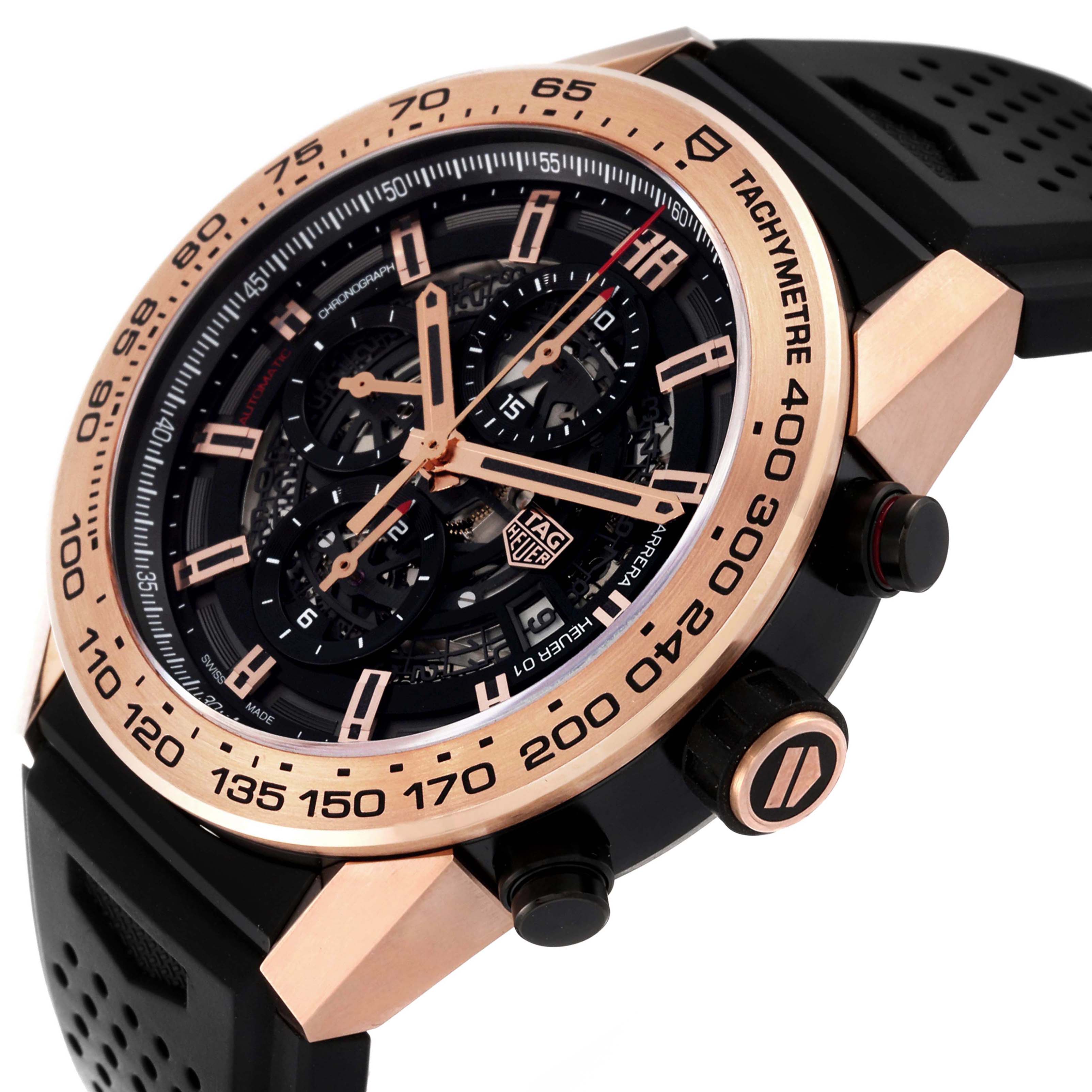 The image shows a close-up angle of the Tag Heuer Carrera CAR2A5B.FT6044 Men's Steel and Gold (two tone) Black Dial CAR2A5B.FT6044 Men's Steel and Gold (two tone) Black Dial watch, highlighting its dial, bezel, and pushers.