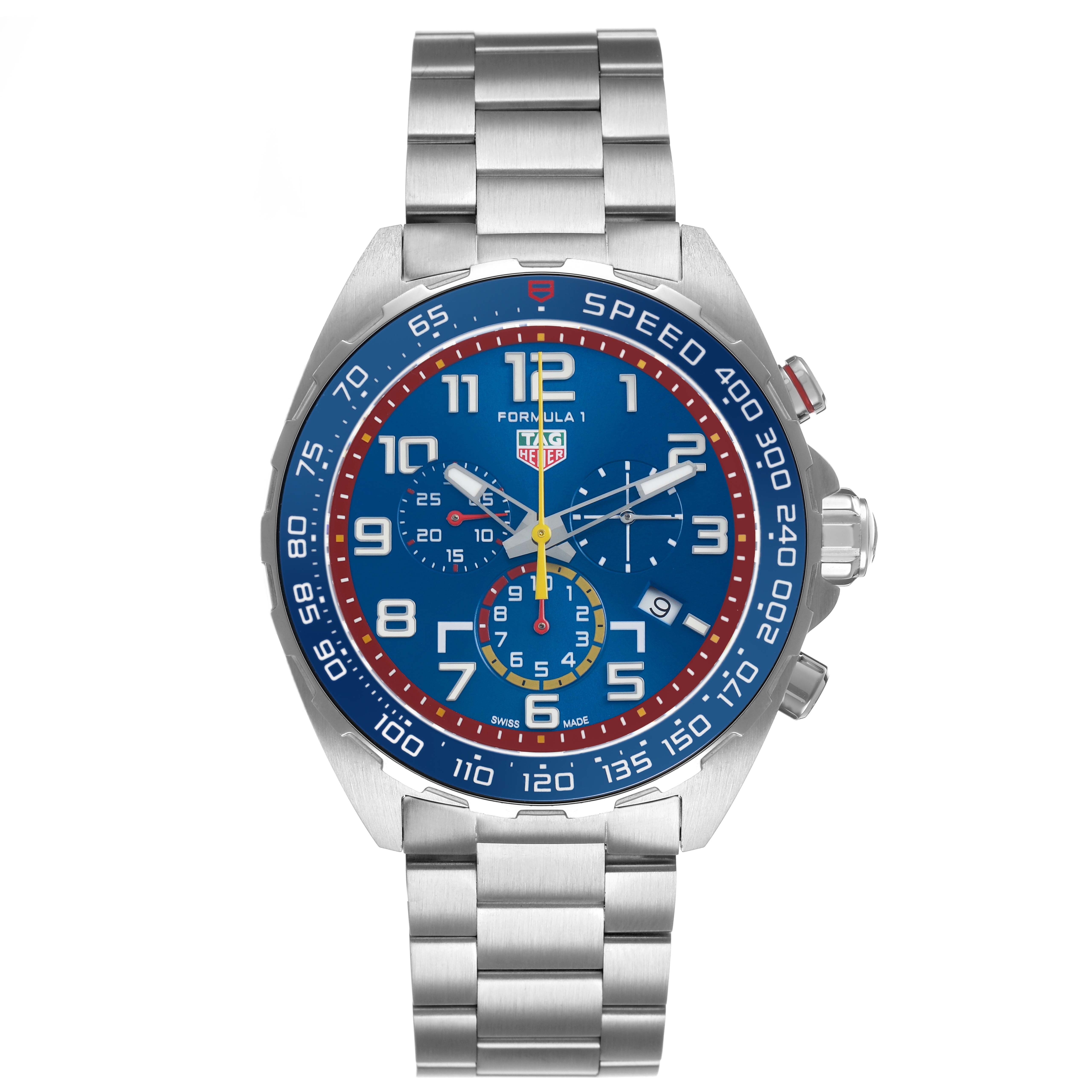 The Tag Heuer Formula 1 CAZ101AL.BA0842 Men's Stainless Steel Blue Dial watch is shown from the front, displaying the face, bezel, and stainless steel bracelet.