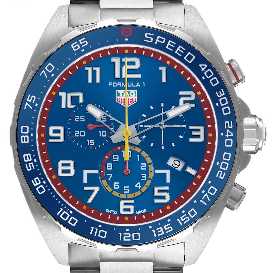 The Tag Heuer Formula 1 CAZ101AL.BA0842 Men's Stainless Steel Blue Dial watch is shown from a front angle, displaying the face, bezel, and side buttons.